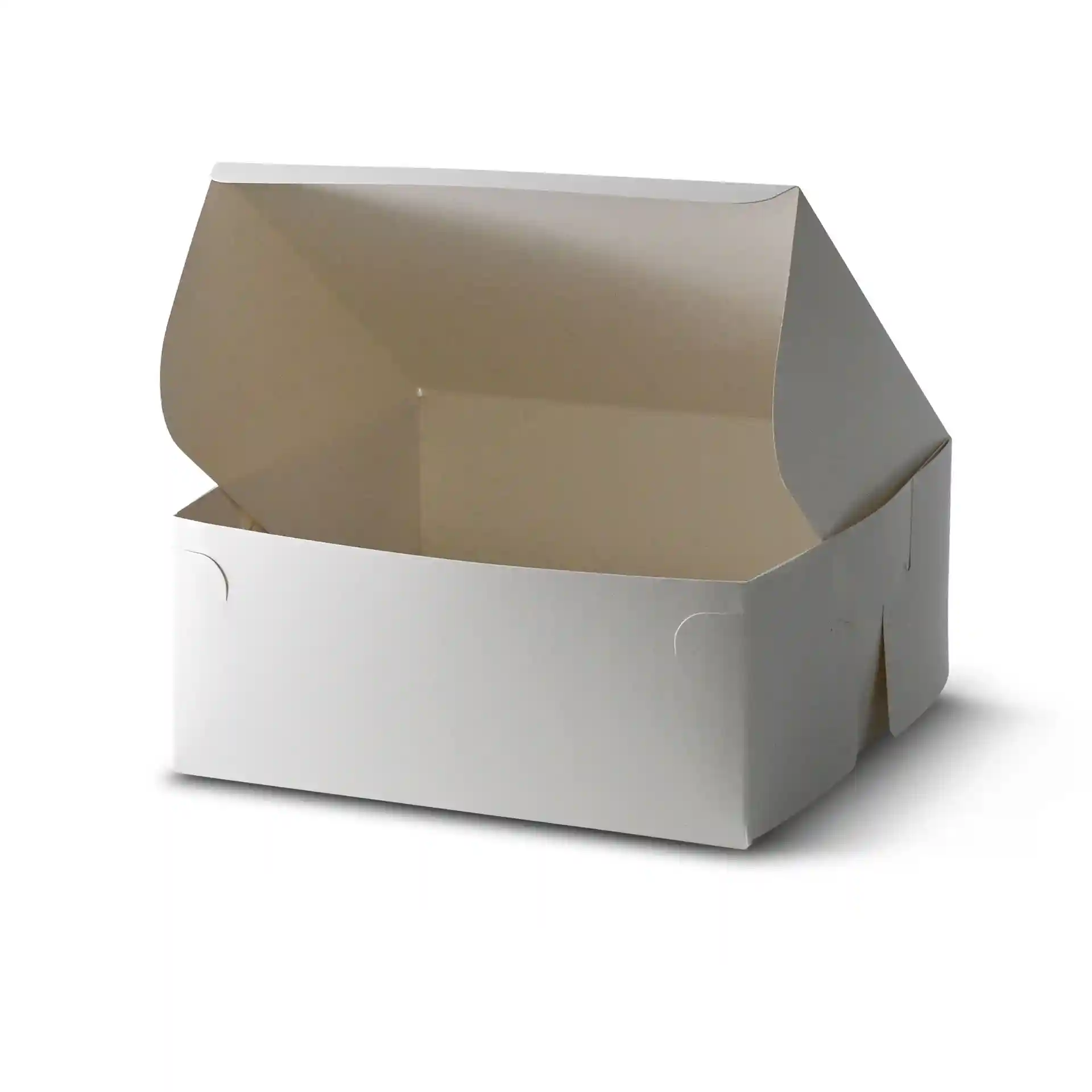 Witte taartdoos met een open deksel, 23 x 23 x 10 cm groot.