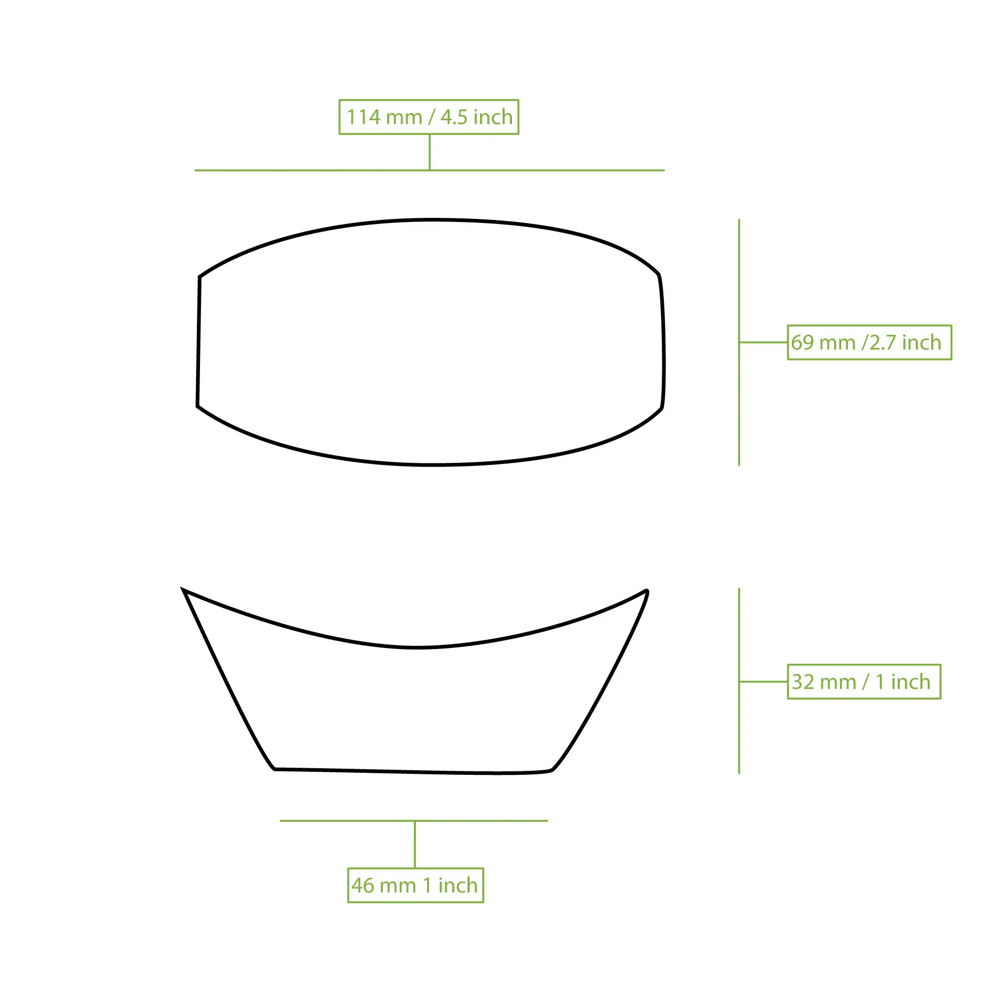Schematische tekening van een bootvormig object met afmetingen in millimeters en inches.