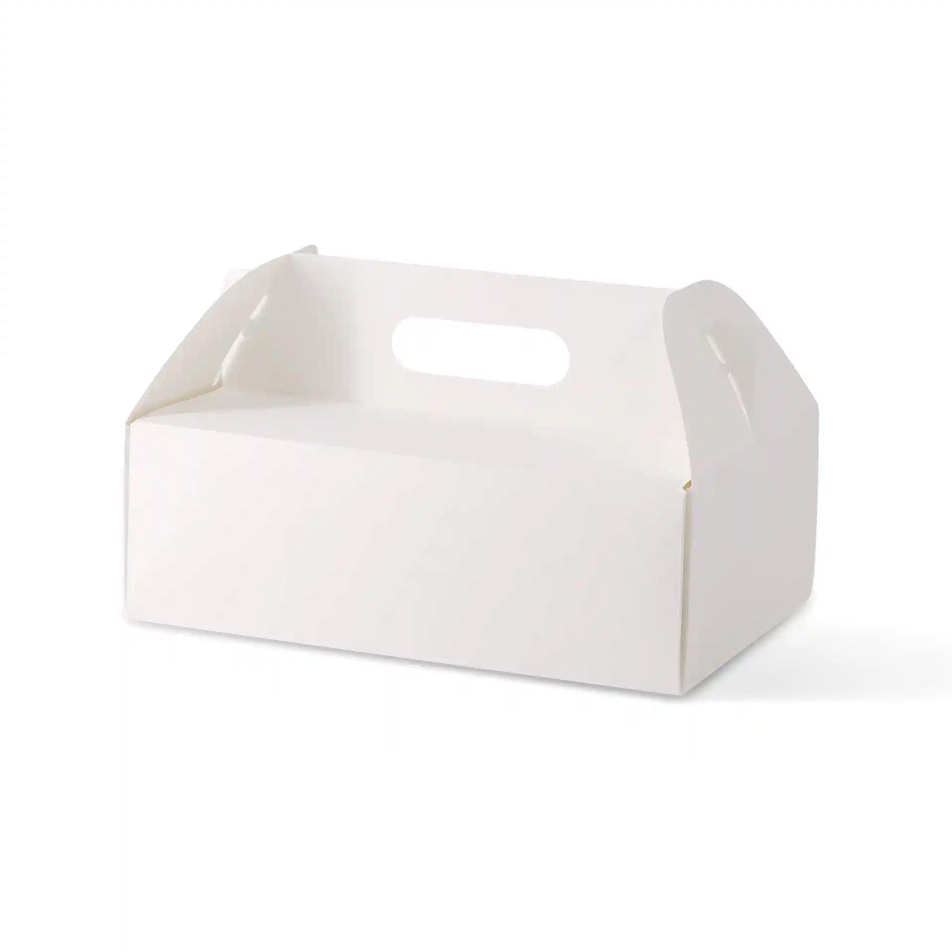 Witte rechthoekige kartonnen taartdoos met handvat, 26 x 17 x 9 cm groot.