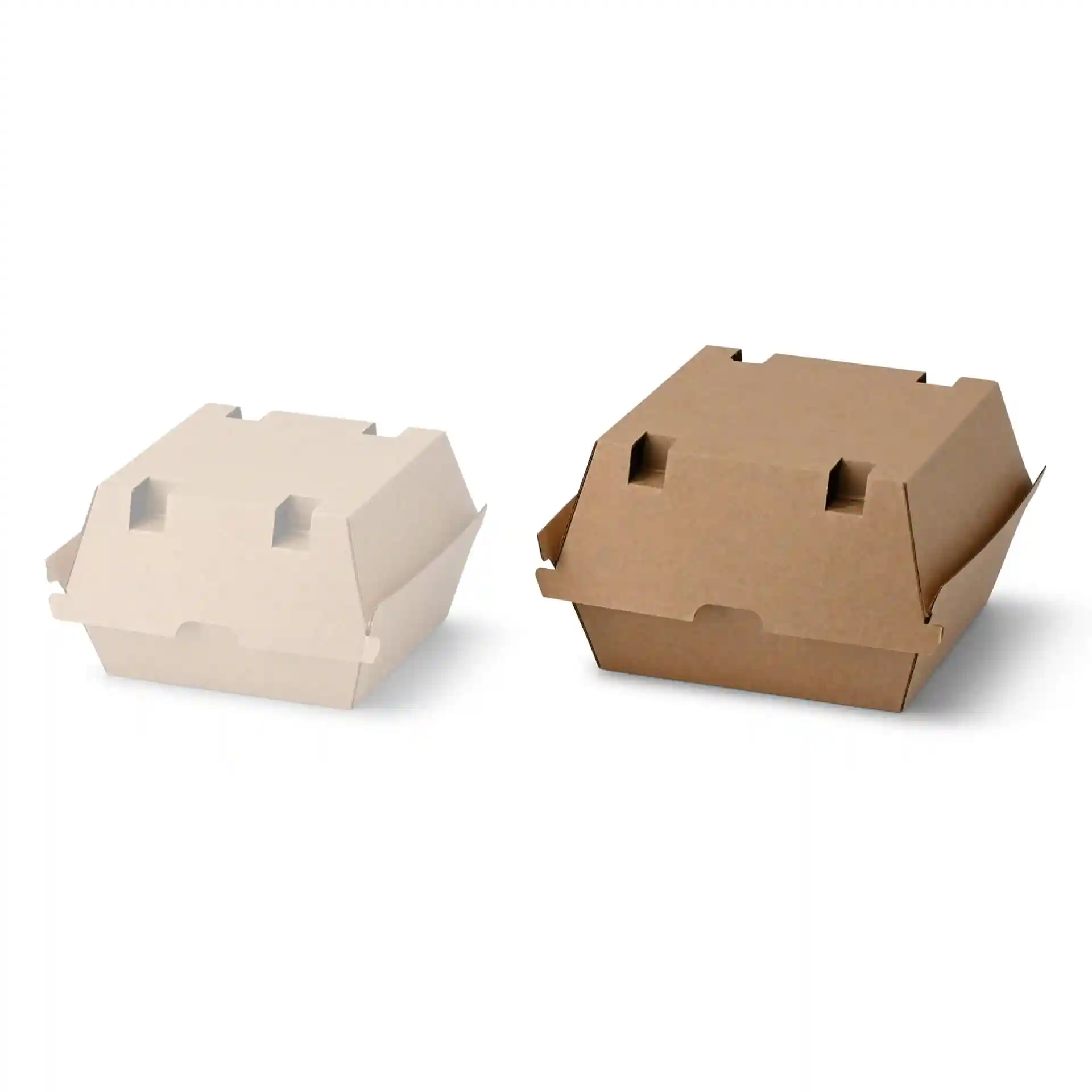 Afbeelding van twee burgerdozen, één wit en één bruin, beide van karton en rechthoekig.