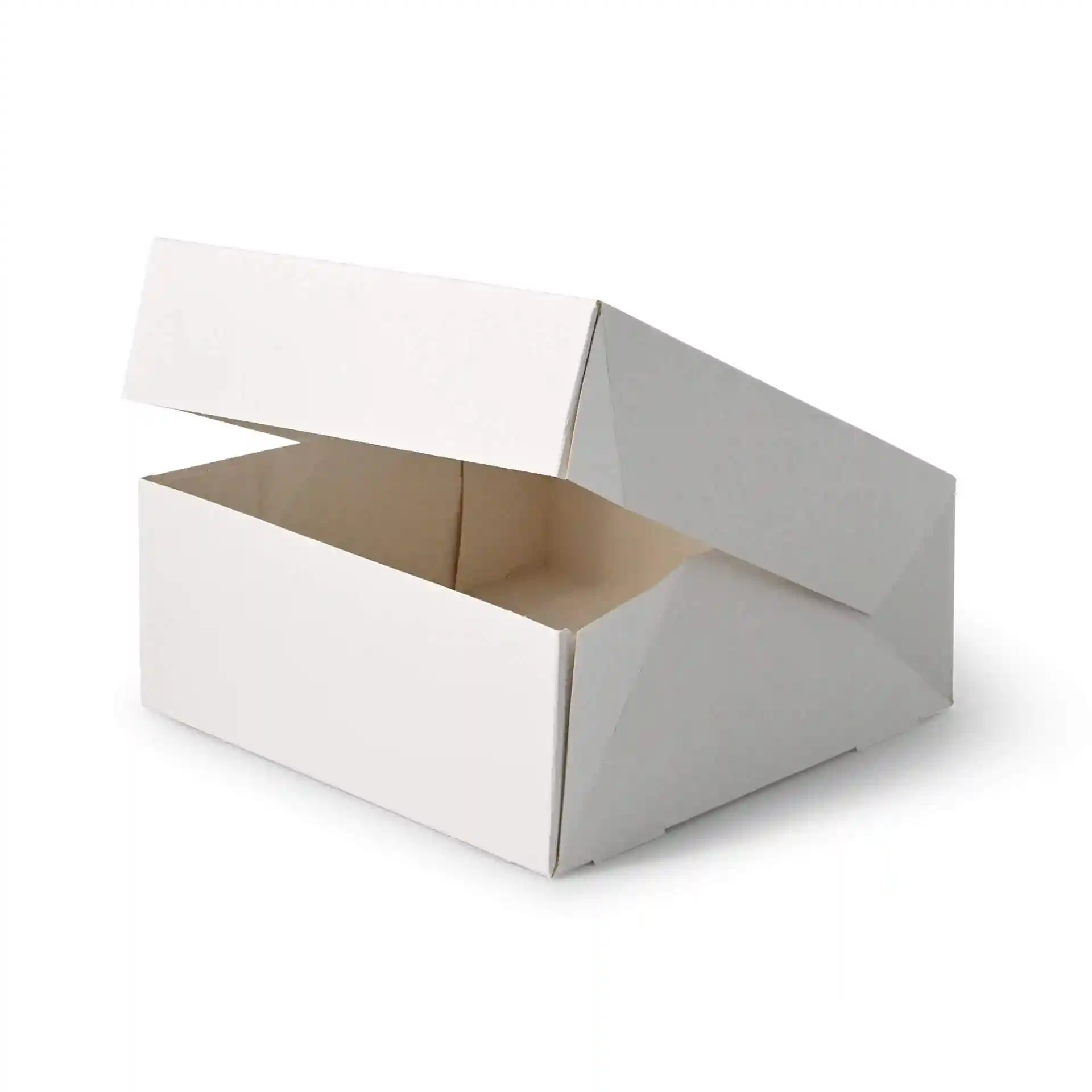Witte vierkante kartonnen doos met een open deksel en een cellulose kijkvenster.