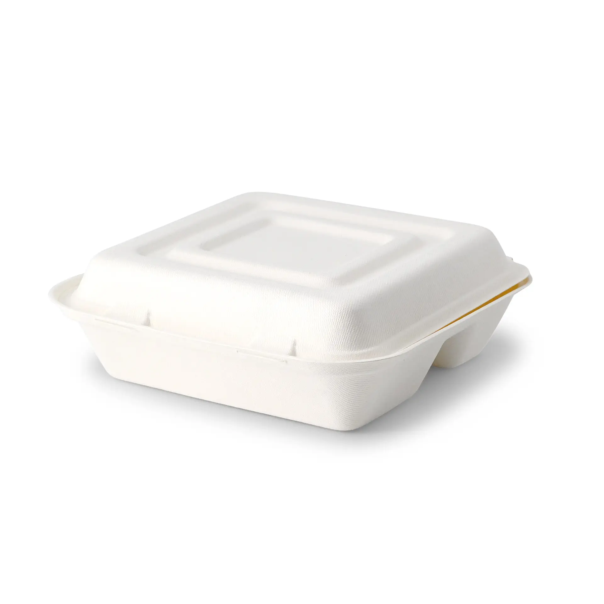 Maaltijdcontainer van suikerriet, 23,5 x 23,5 x 8 cm, 3 vakken, scharnierend deksel, rechthoekig