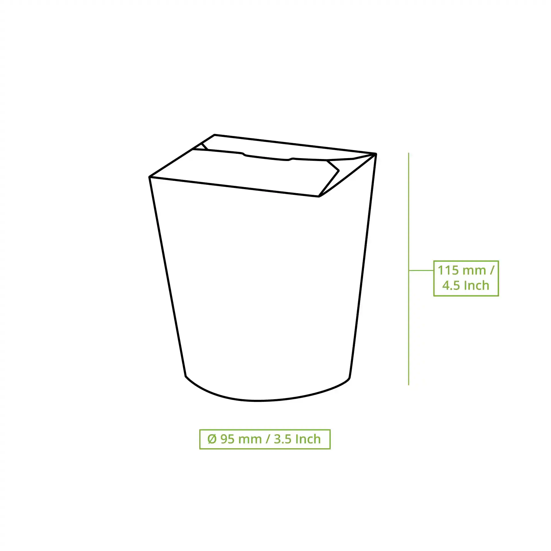 Schematische tekening van een ronde noedelbox met afmetingen, hoogte 115 mm en diameter 95 mm.
