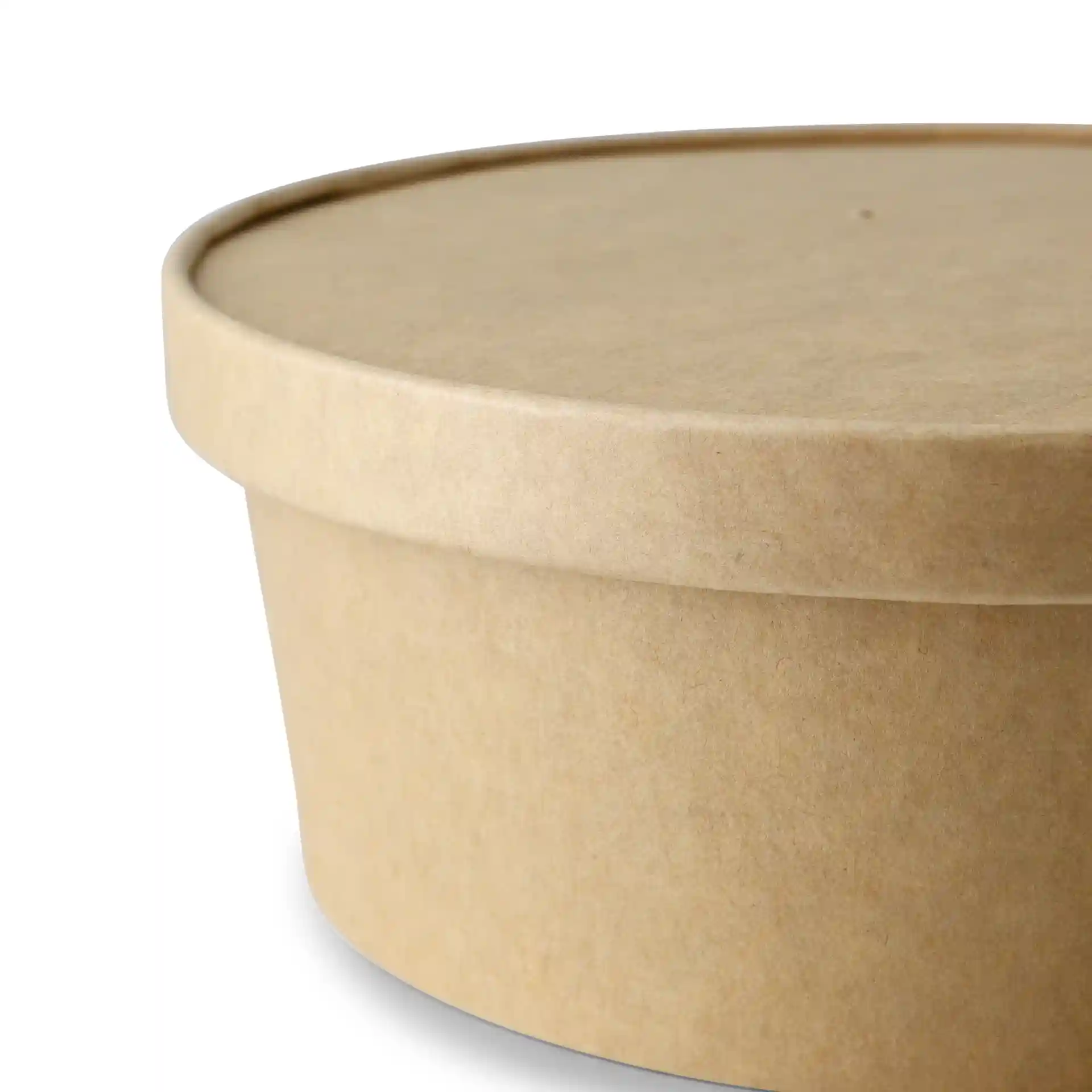 Bruine ronde kartonnen container met deksel, diameter 185 mm en hoogte 17 mm.