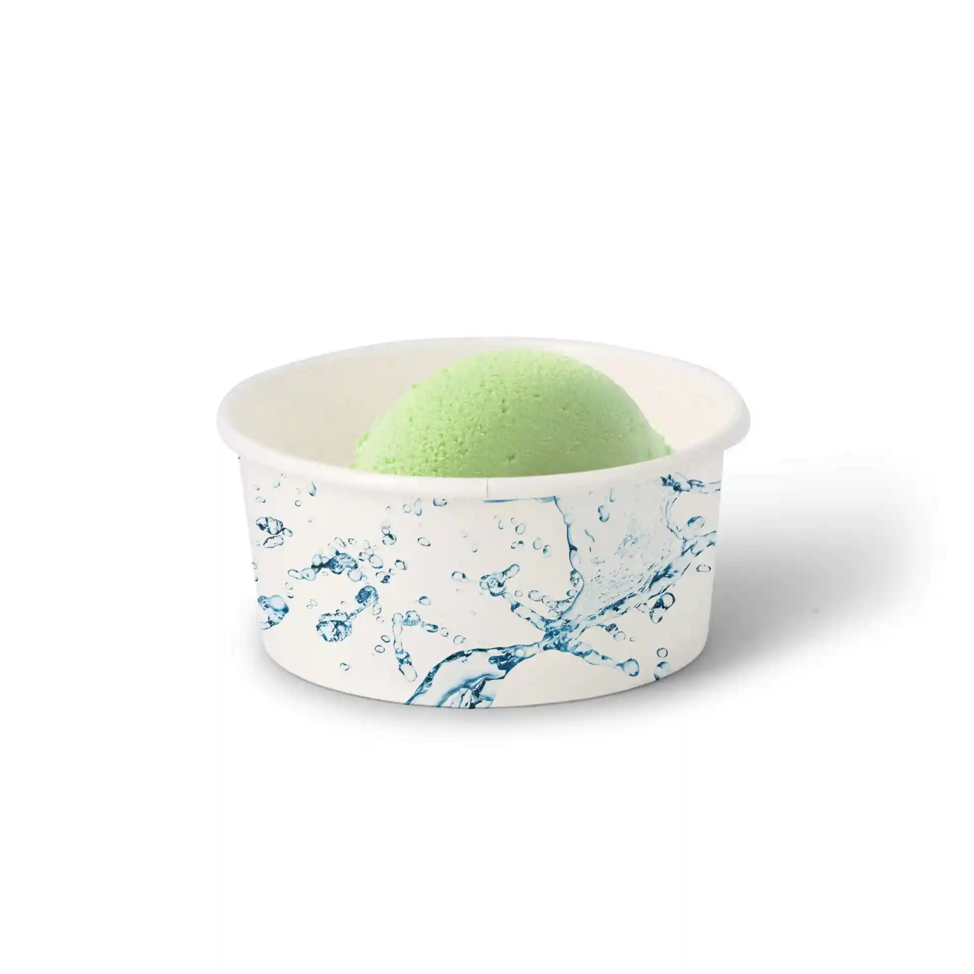 Ronde ijsbekers van wit karton met een waterspat ontwerp, met een groene ijsbol.