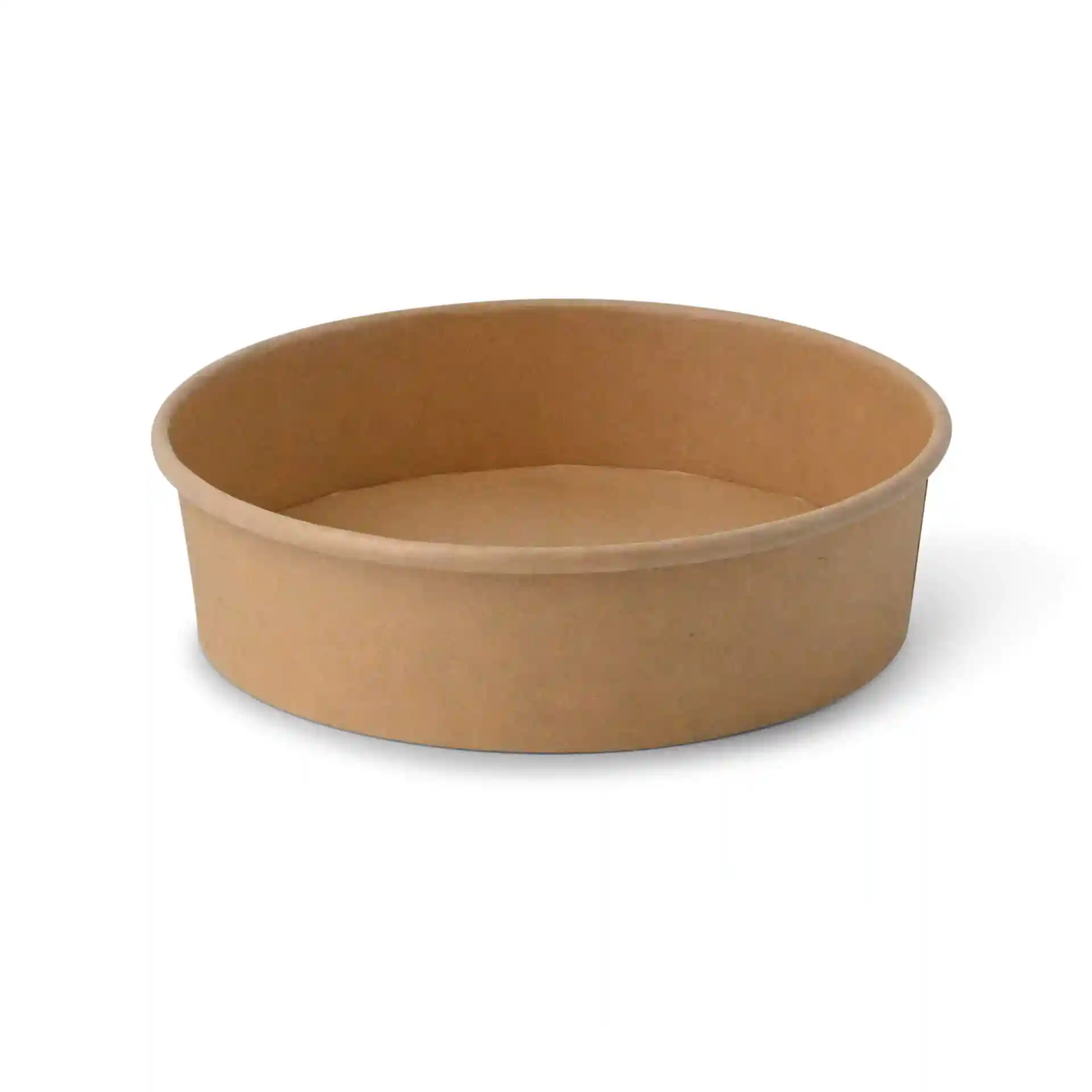 Ronde bruine kartonnen kom met een diameter van 185 mm en een hoogte van 49 mm, ontworpen voor een volume van 700 ml.
