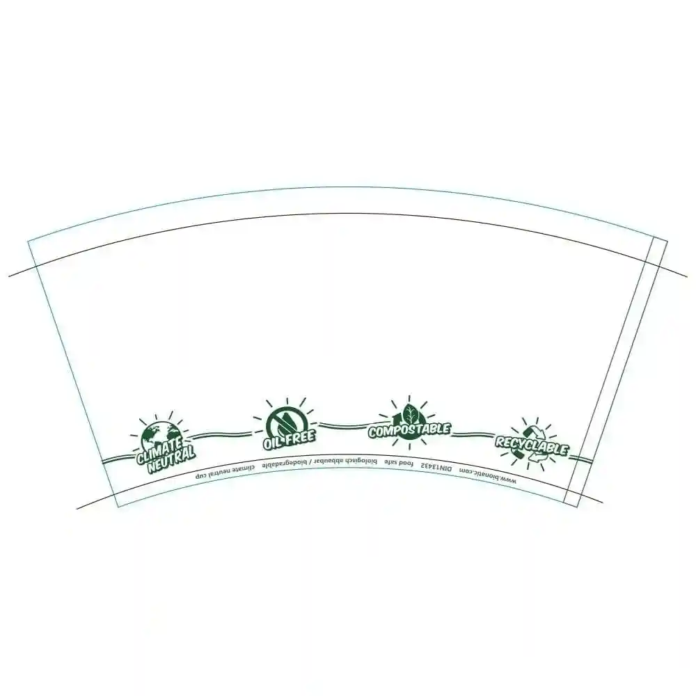 Label met iconen die klimaatneutraal, olie-vrij, composteerbaar en recyclebaar zijn op een witte achtergrond.