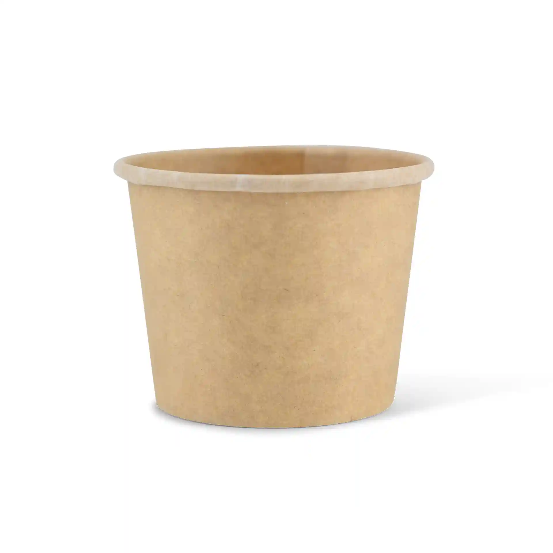 Bruine ronde deli-container van gecoat karton, volume van 50 ml, diameter van 62 mm en hoogte van 48 mm.