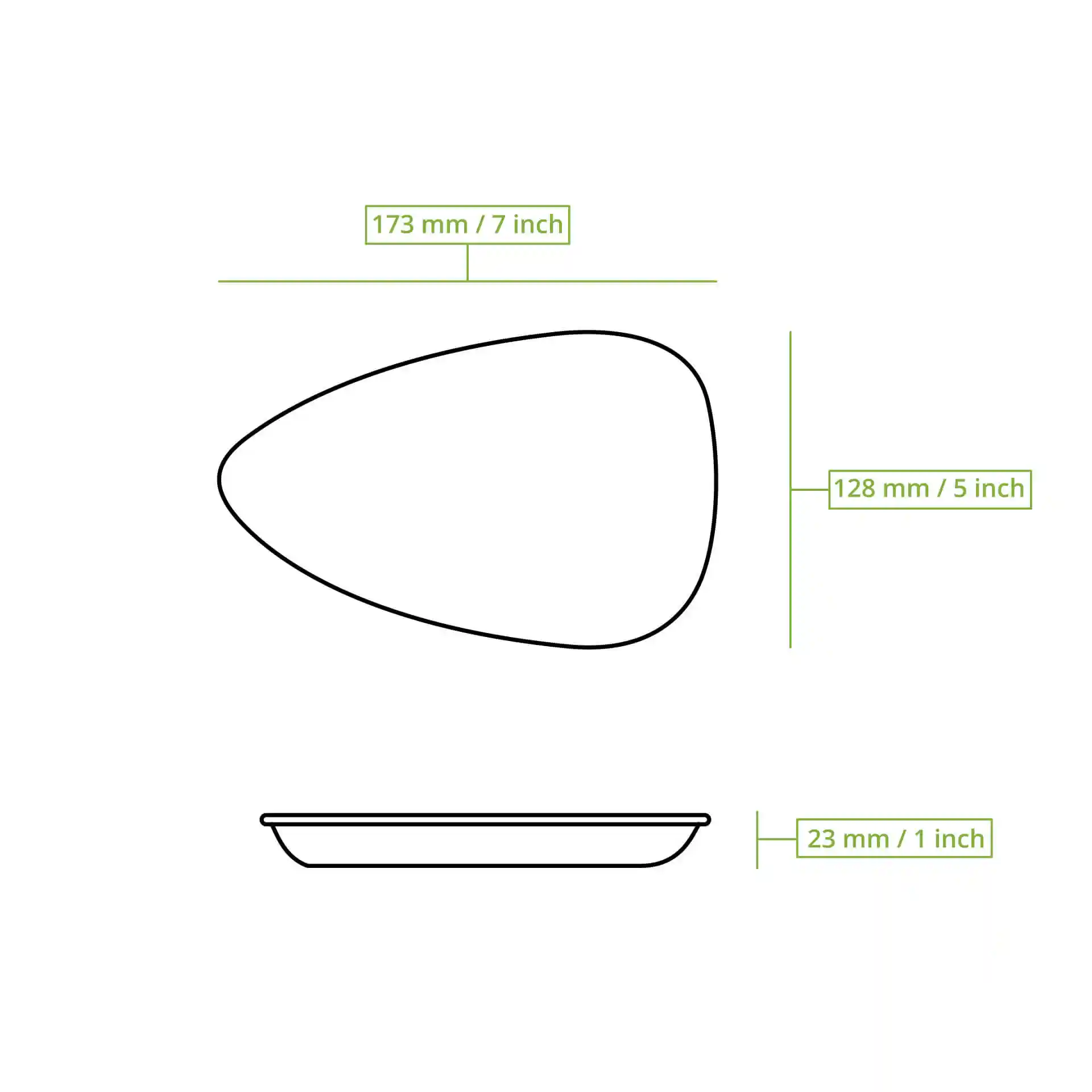 Schematische tekening van een druppelvormig palmbladbord met afmetingen: 173 mm lang, 128 mm breed en 23 mm hoog.
