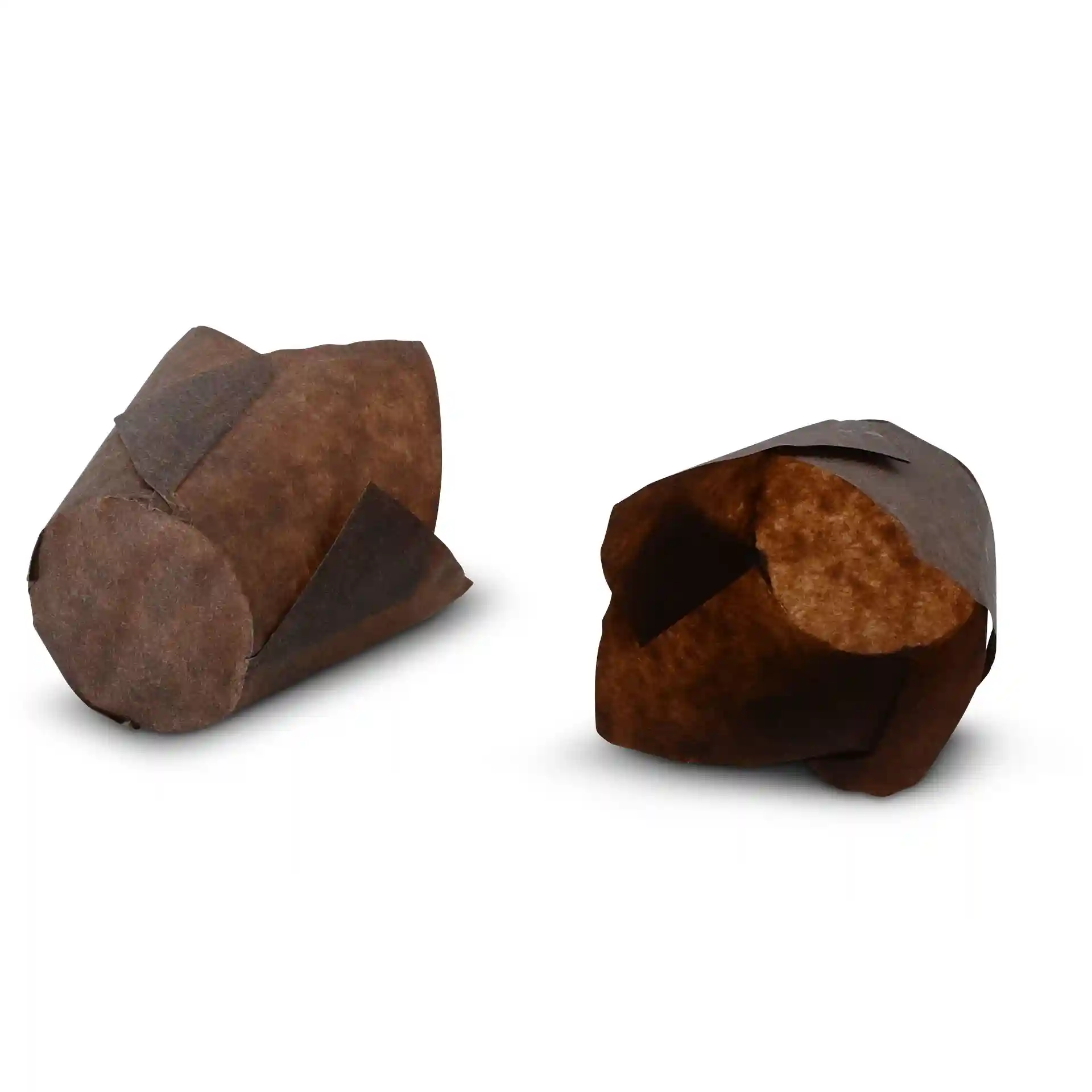 Bruine papieren muffinbekers met een hoogte van 8 cm en een bodemdiameter van 5 cm, in twee posities getoond.