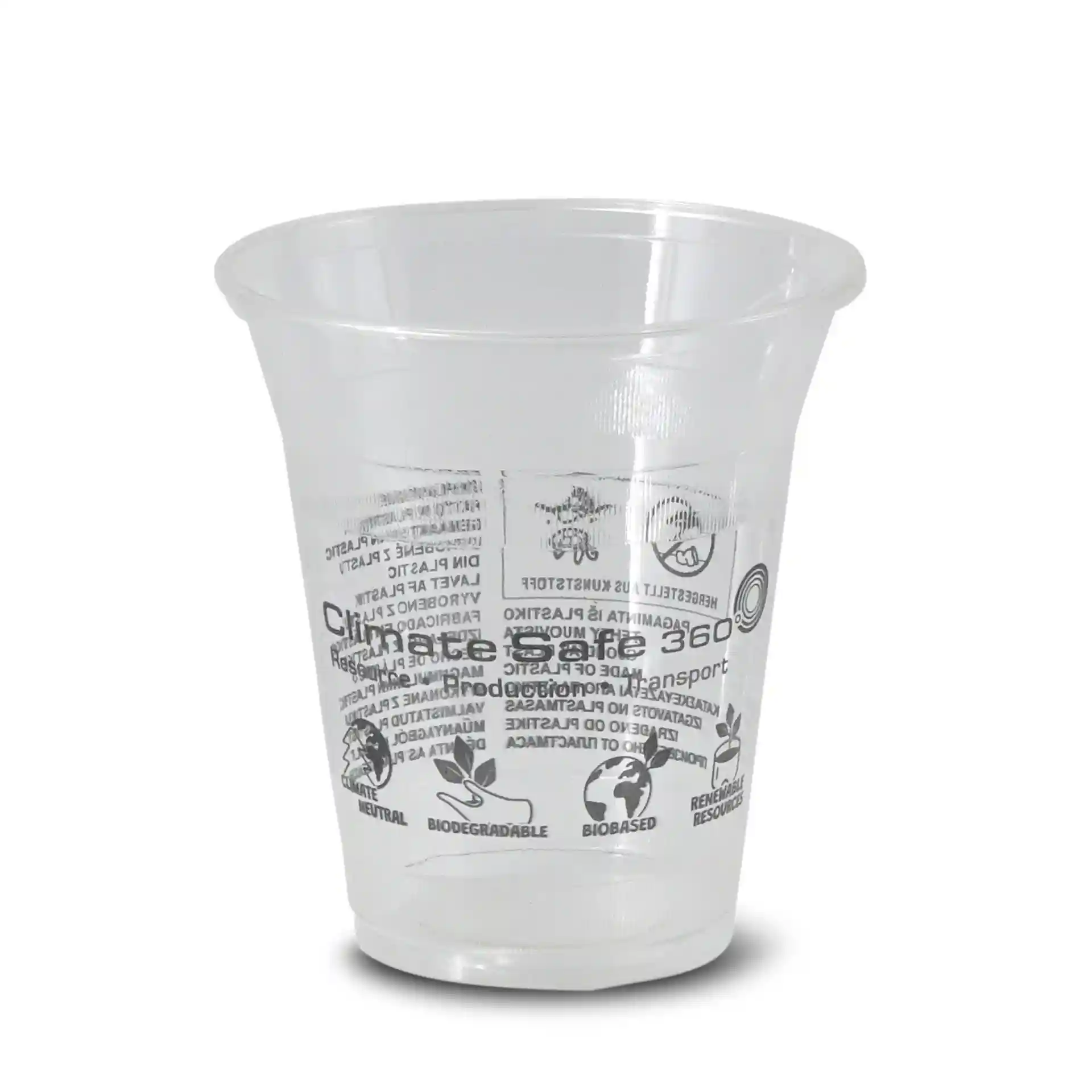 Transparante 12 oz PLA smoothie beker met een diameter van 96 mm en bedrukte markeringen op het oppervlak.