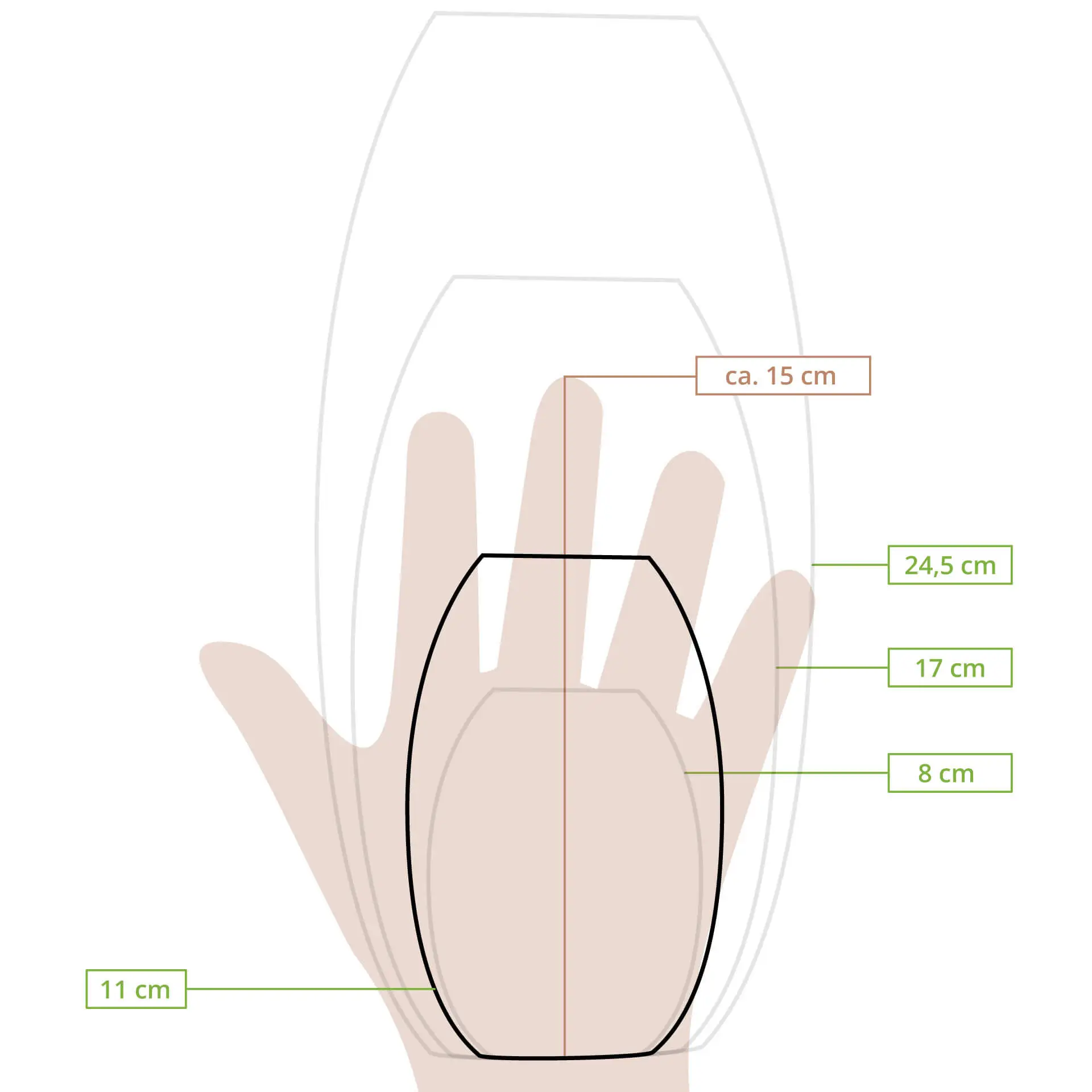 Schematische tekening van een bootvorm met maatlijnen voor hoogte, lengte en breedte.