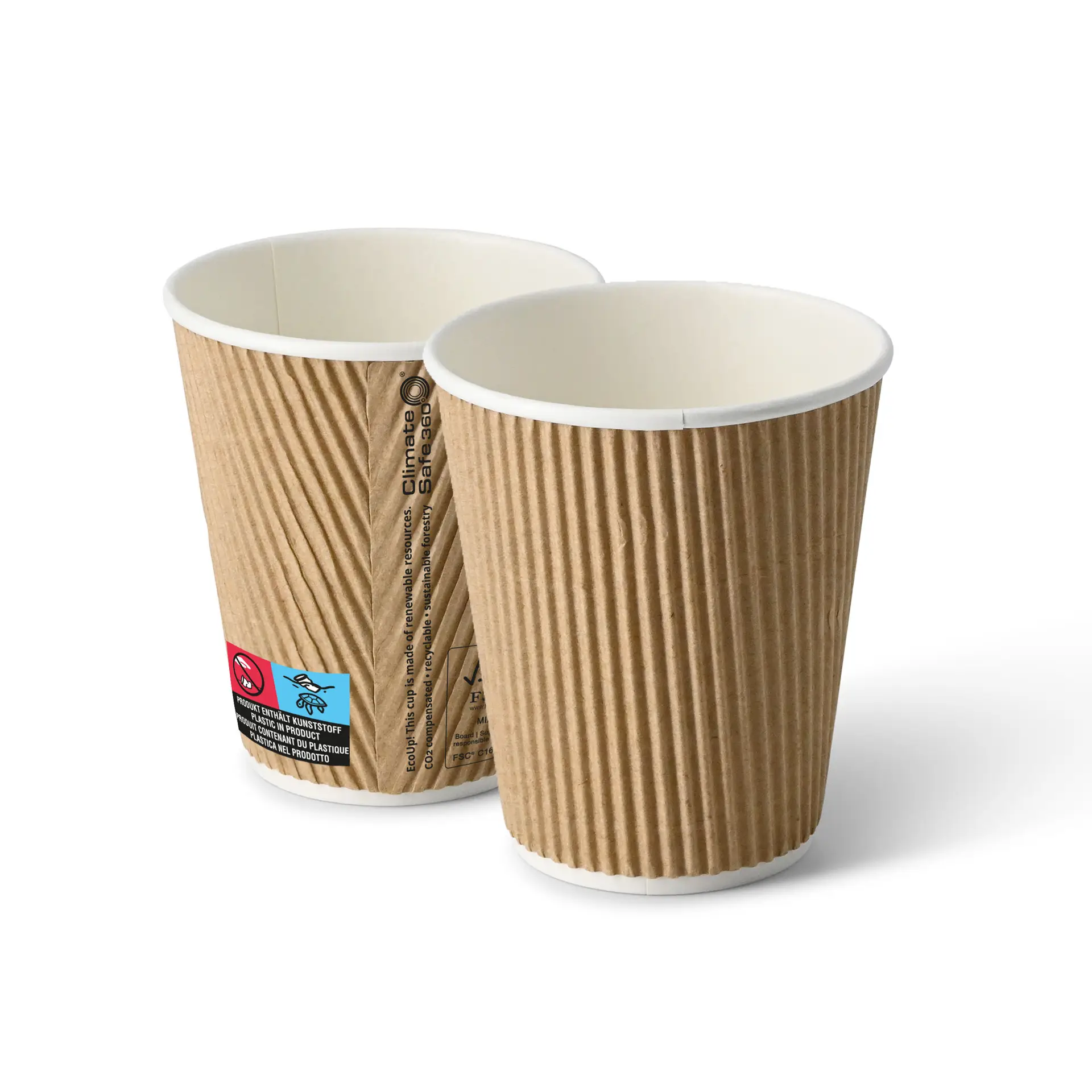 Koffiebekers to go van karton (gecoat) / Ribbelbekers 250 ml / 10 oz, Ø 80 mm, bruin, binnenkant wit