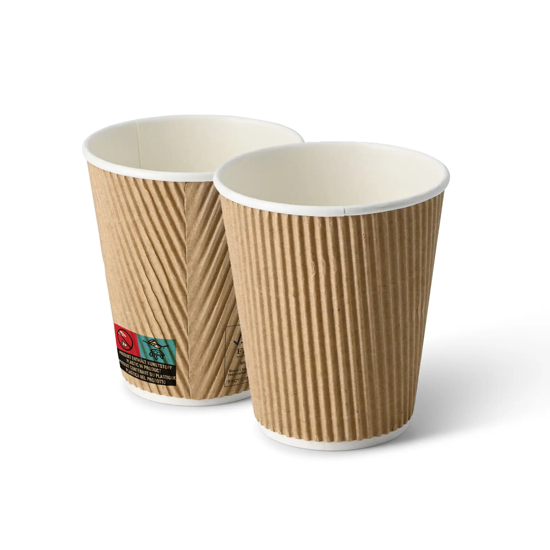 Een bruine golfvormige afhaal koffiebeker met een witte binnenkant; een andere beker gedeeltelijk zichtbaar erachter.