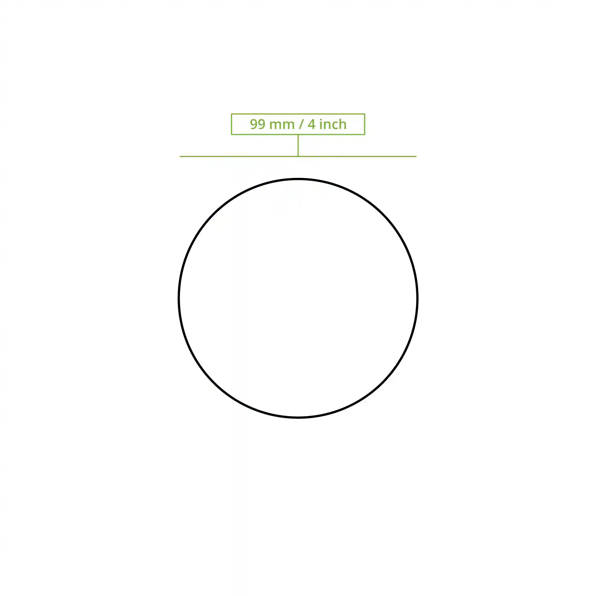 Schematische tekening van een cirkel met een diameter van 99 mm en een label dat de maat aangeeft.