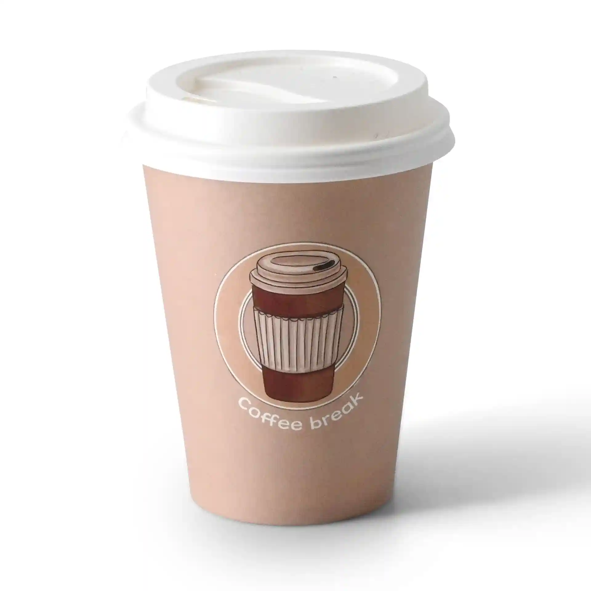 Bruine papieren beker met een witte deksel, met een bedrukt koffie bekerontwerp en de tekst "Koffiepauze."