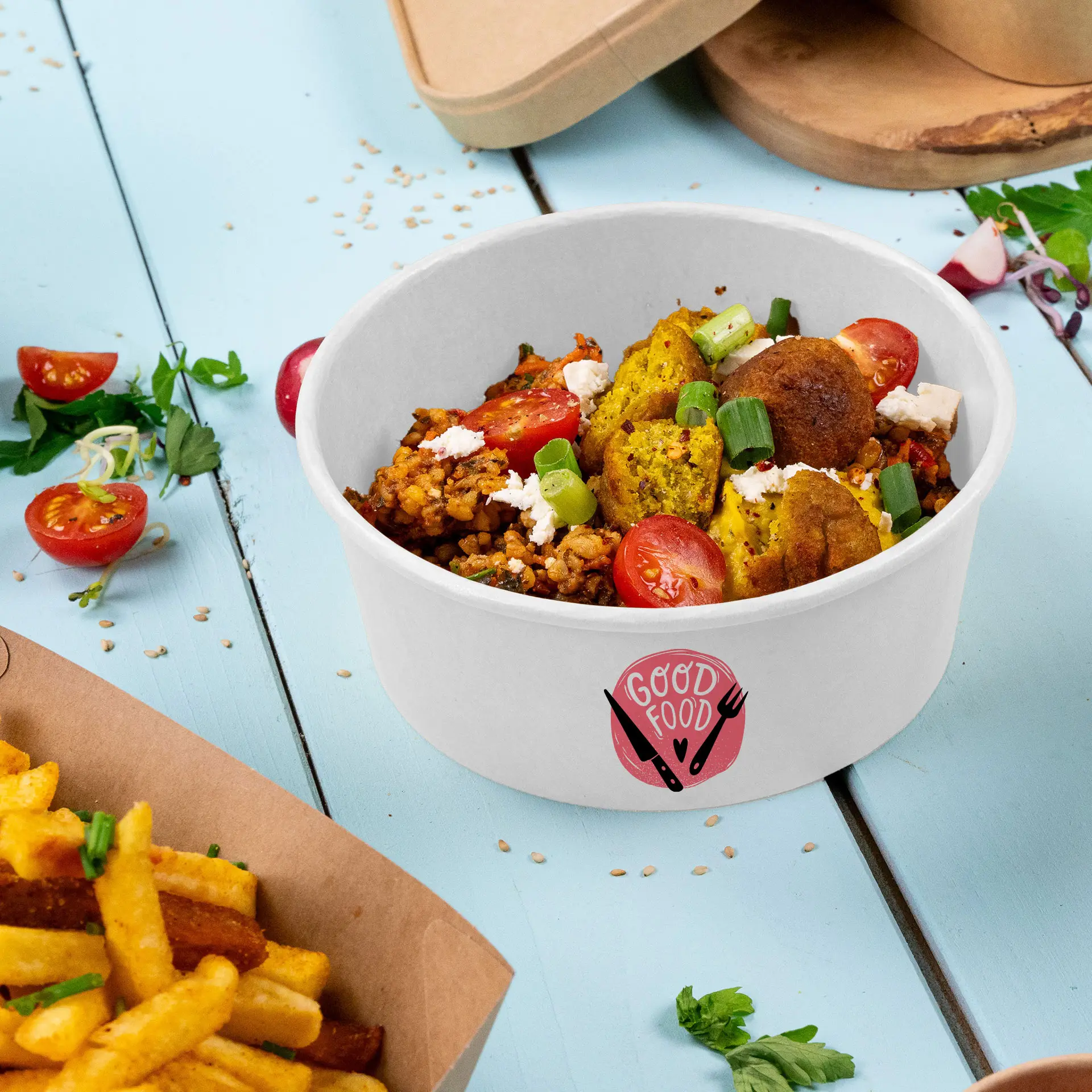 Saladeschalen bedrukken / Bowls bedrukken, 650 ml, Ø 150 mm, wit, PE-gelamineerd