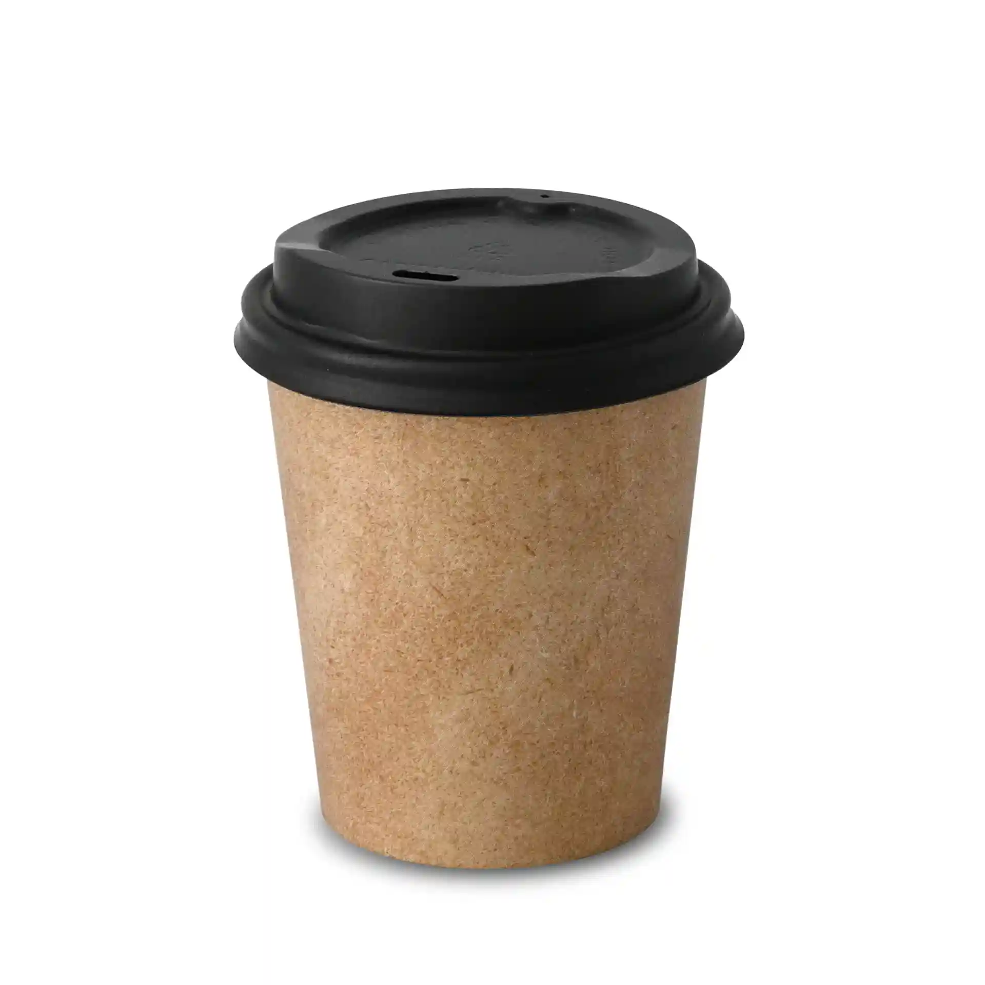Bruine papieren beker met zwarte deksel, enkele wand, 200 ml capaciteit, 80 mm diameter, 90 mm hoogte.