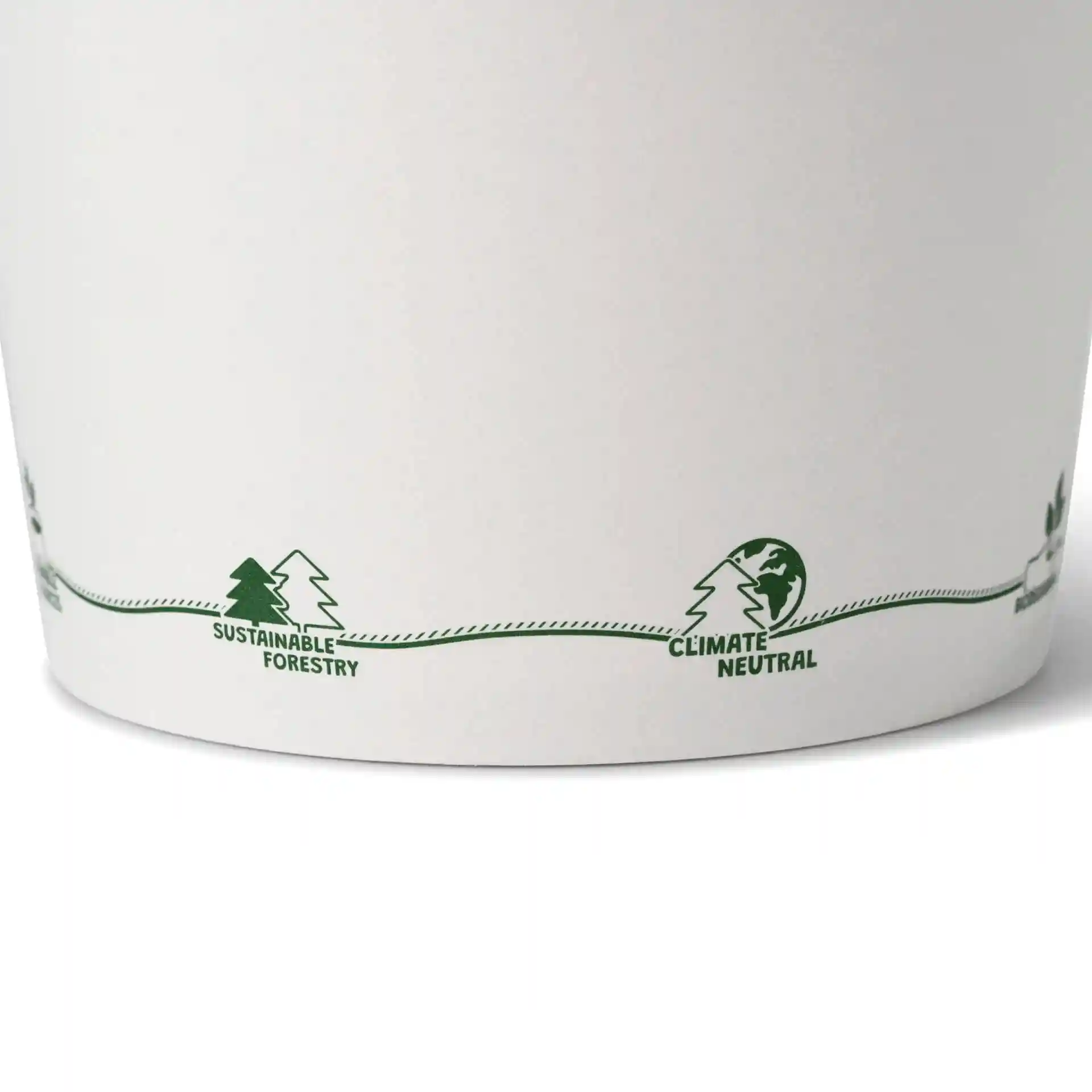 Ronde kartonnen soepcontainer met groene iconen voor duurzame bosbouw en klimaatneutraliteit.