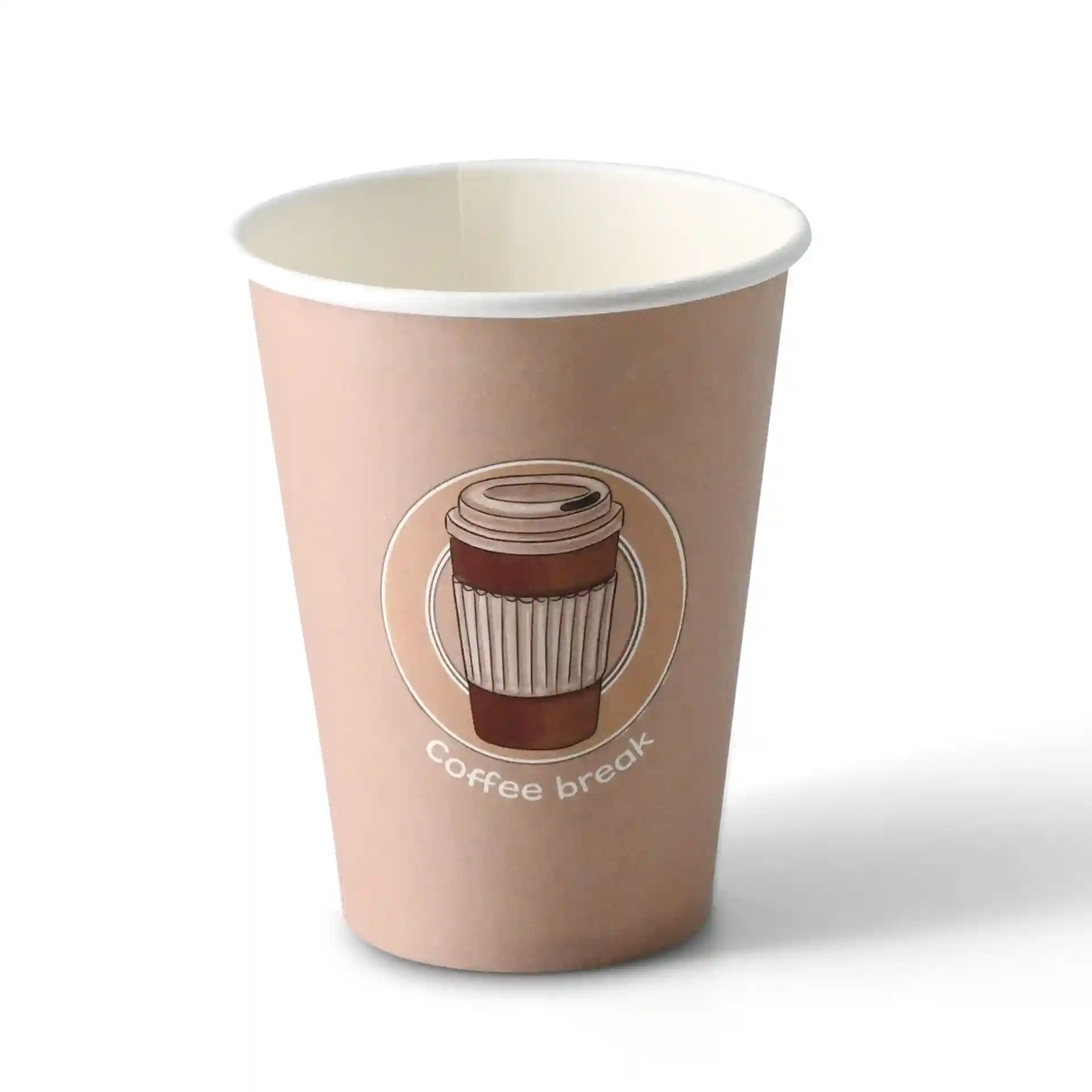Bruine papieren beker met een gedrukt koffie bekerontwerp en de tekst "koffiepauze", gemaakt van karton.