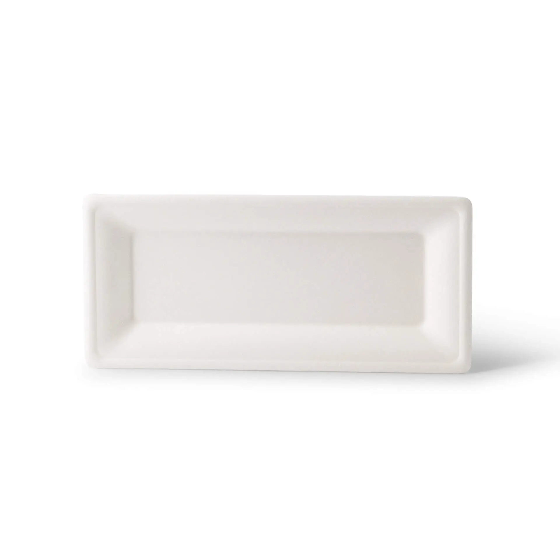 Rechthoekig suikerriet bord, 26 x 13 cm, gemaakt van biologisch afbreekbaar materiaal, geschikt voor warme en koude gerechten.