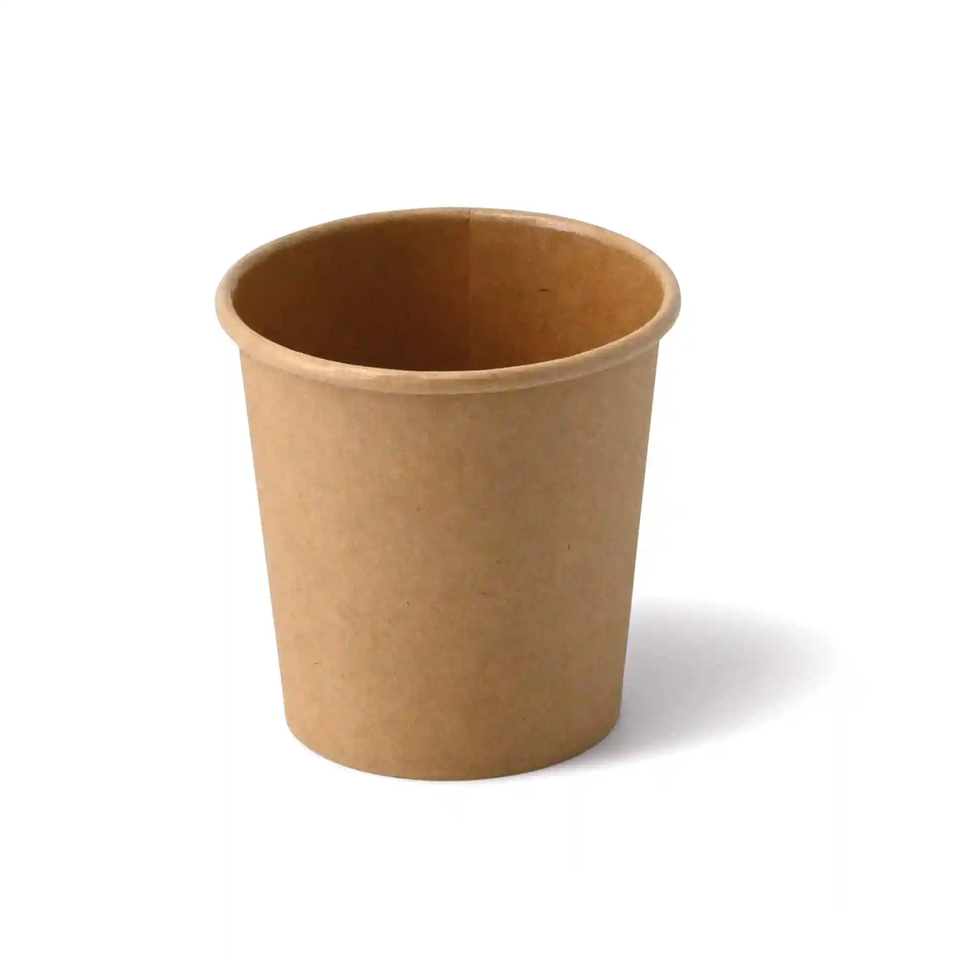 Bruine kartonnen beker met ronde vorm, 4 oz capaciteit en een hoogte van 60 mm.