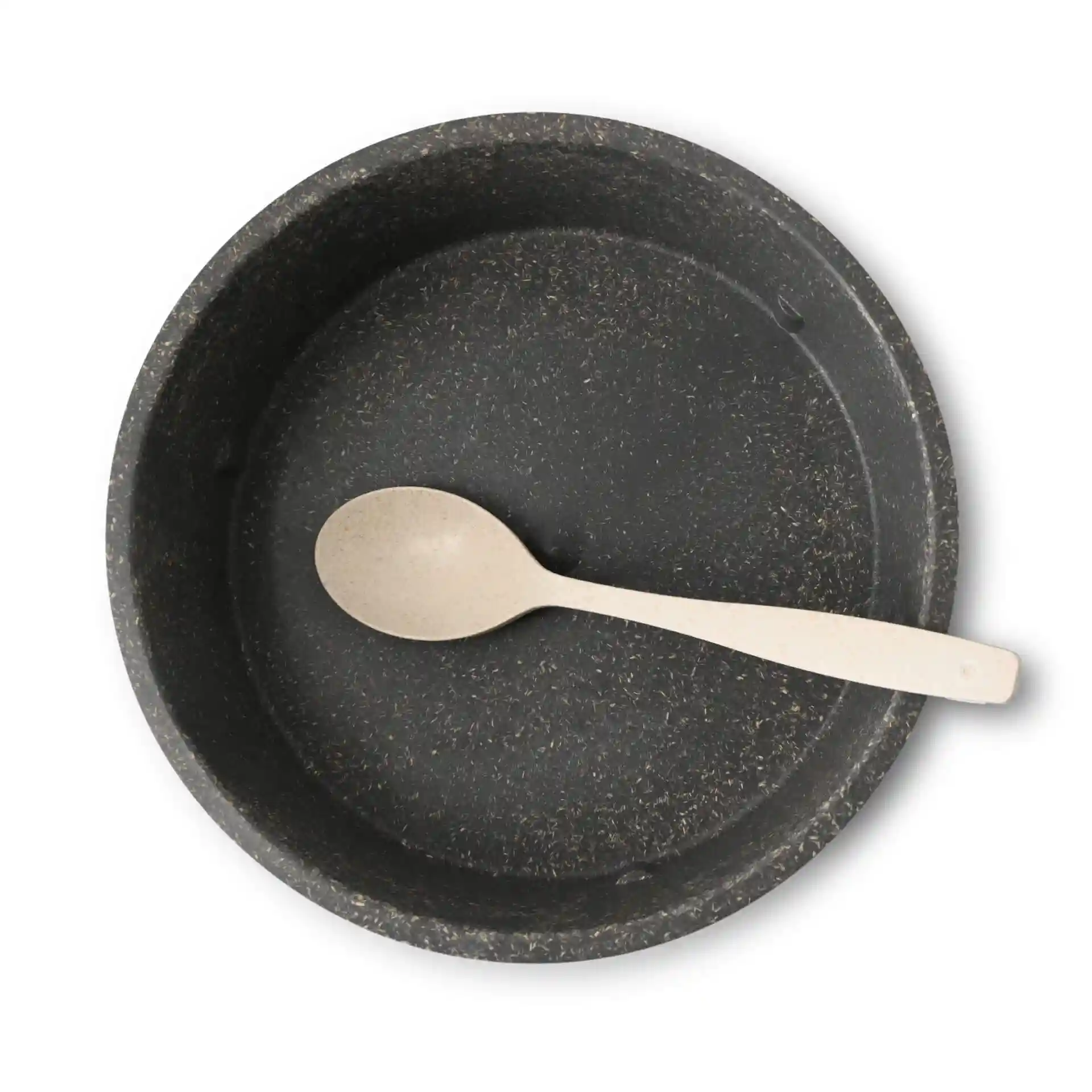 Ronde grijze herbruikbare kom met een lepel erin, gemaakt van bio-composiet, 1.000 ml capaciteit.