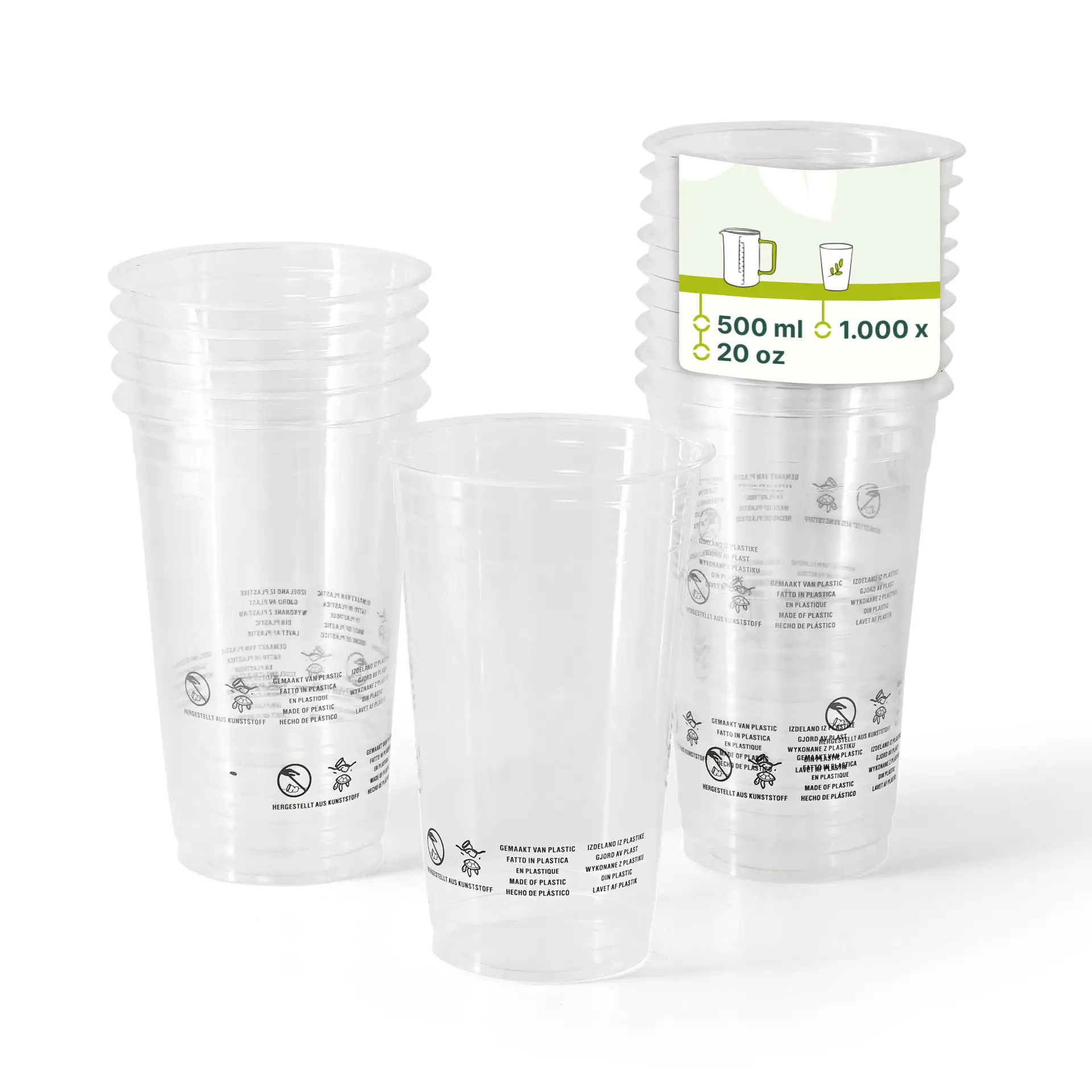 Stapel transparante wegwerpbekers, meerdere zichtbaar; elke beker houdt 500 ml voor koude dranken.