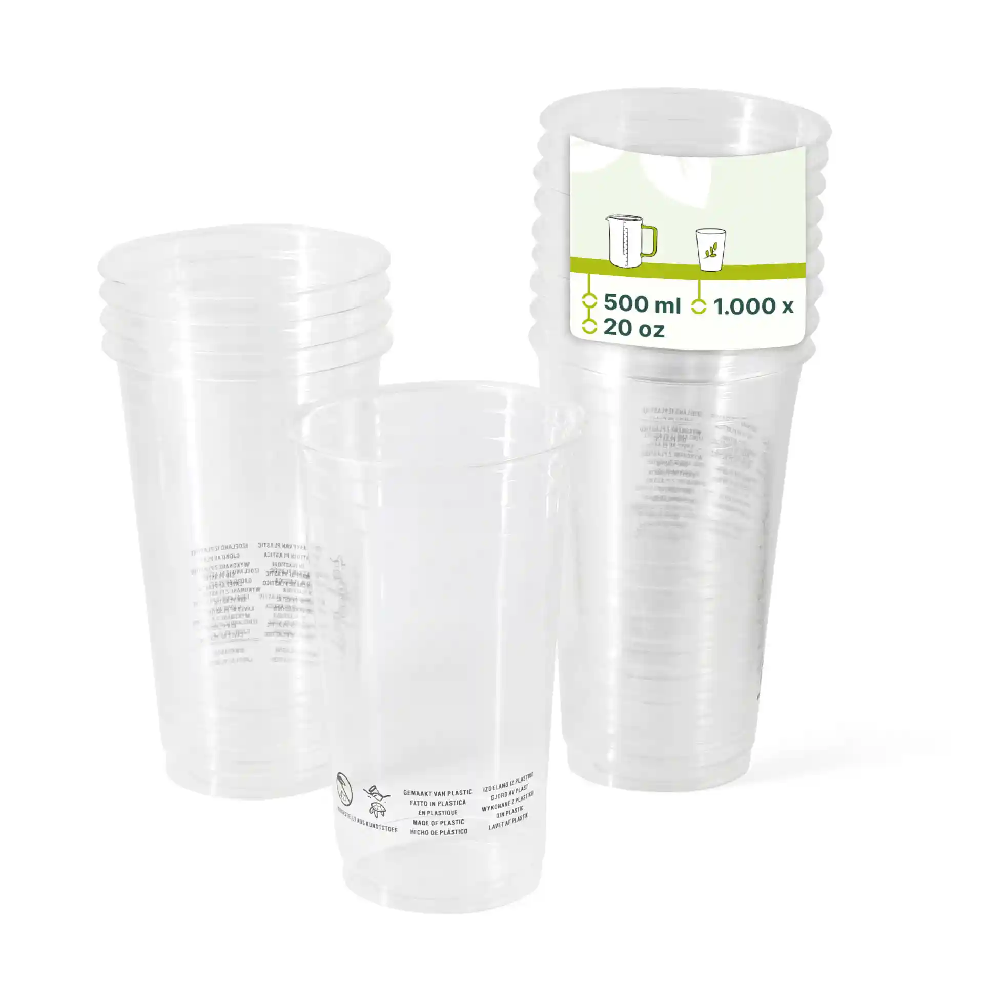 Heldere PLA-plastic bekers gestapeld, elk met een inhoud van 500 ml en een diameter van 95 mm.