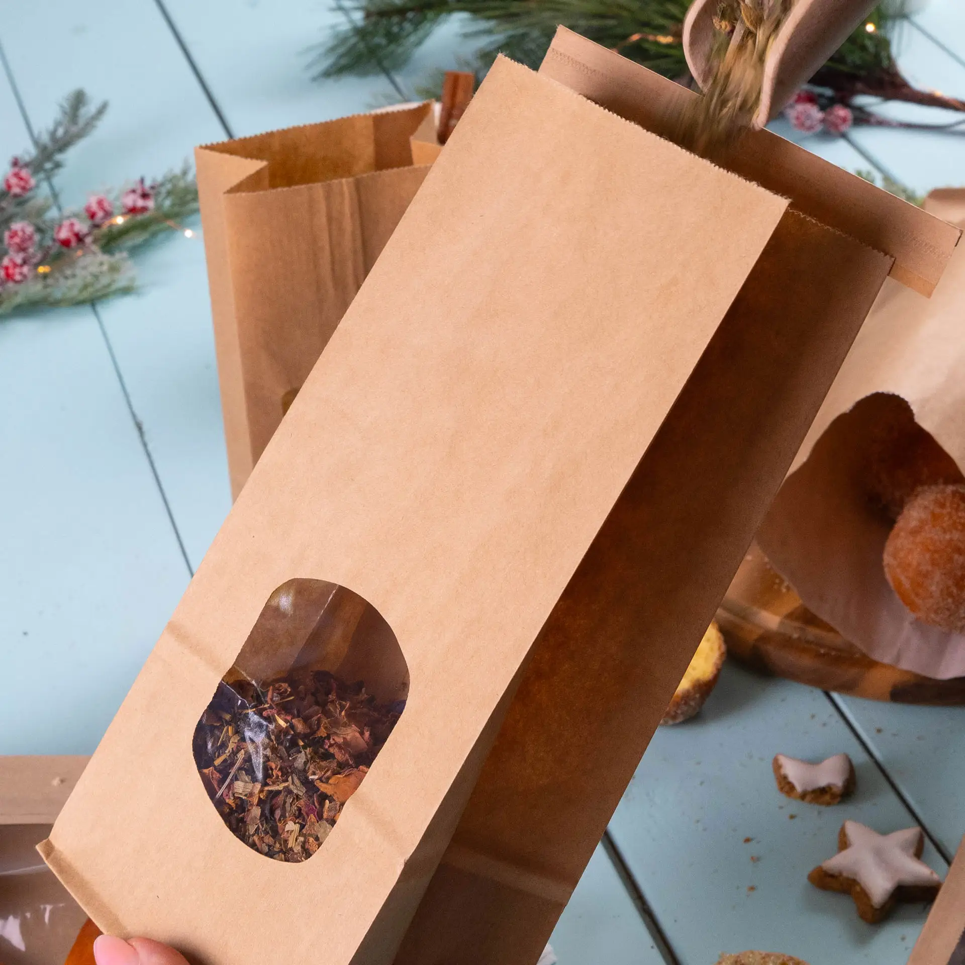 Blokbodemzakken met venster M, 11,5 x 7 x 24,5 cm, bruin, clipband