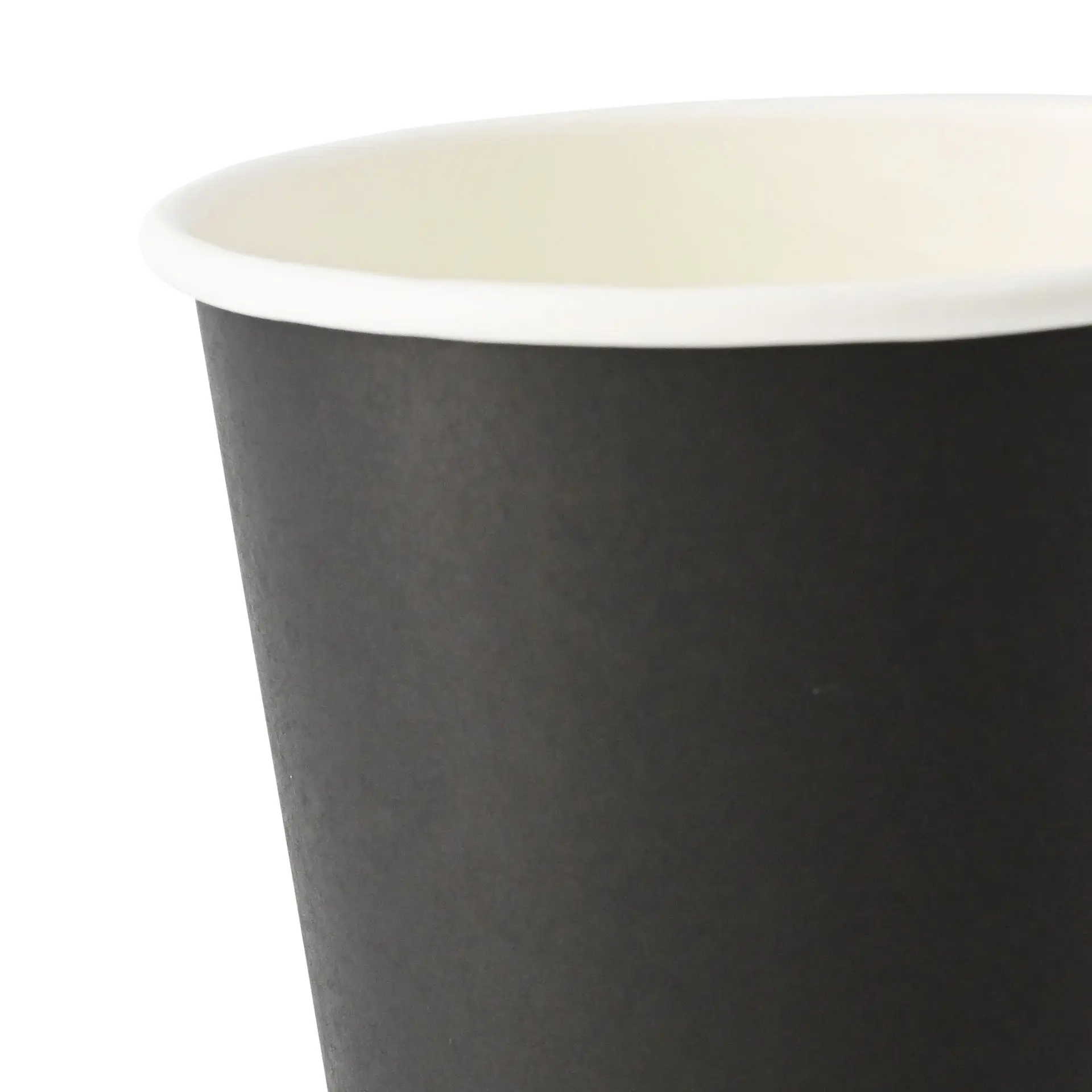 Zwart papieren bekertje met PLA-coating, geschikt voor warme en koude dranken, inhoud van 300 ml.