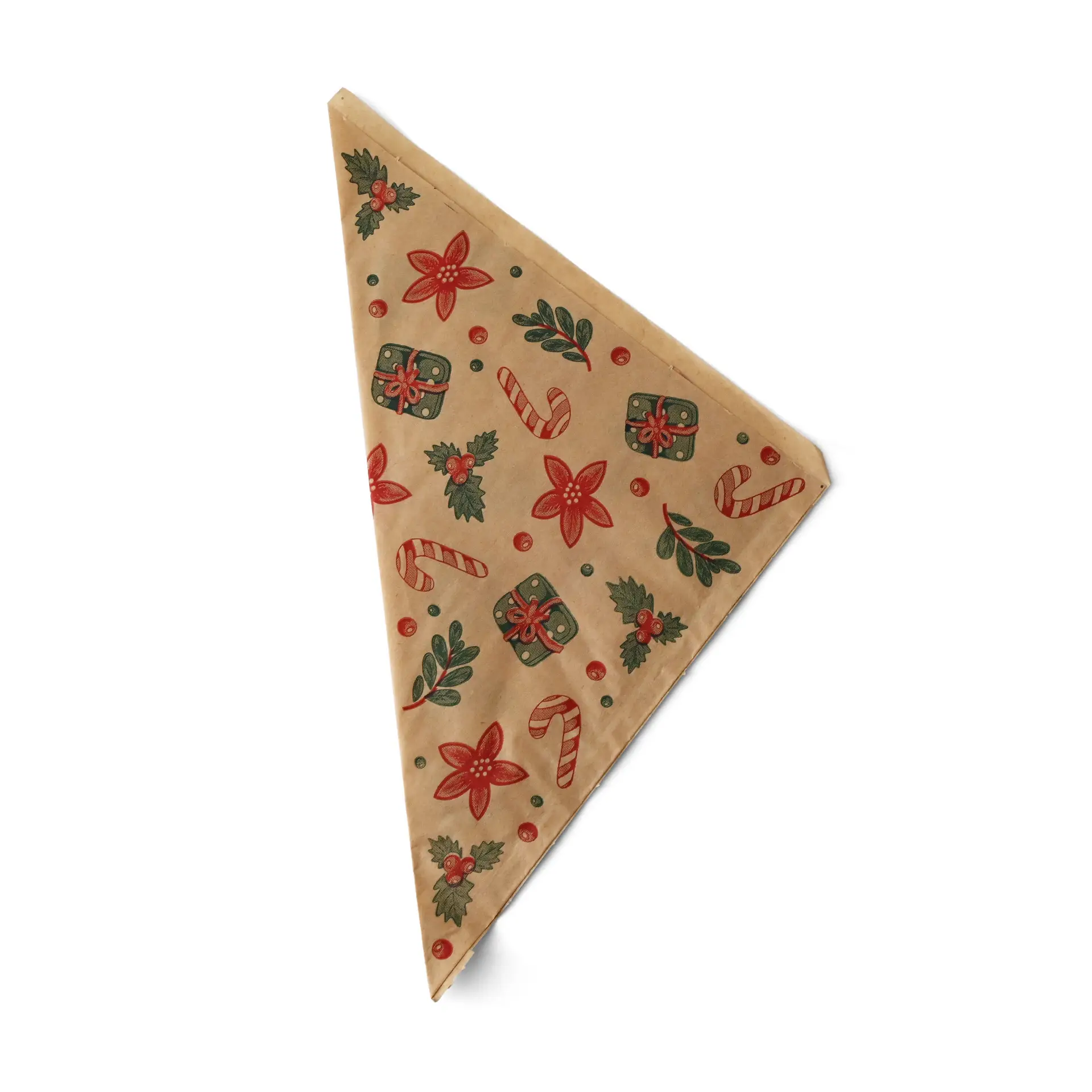 Bruine vetvrije tas met winterthema, met cadeaus, bloemen en zuurstokken, 23 x 23 cm groot.