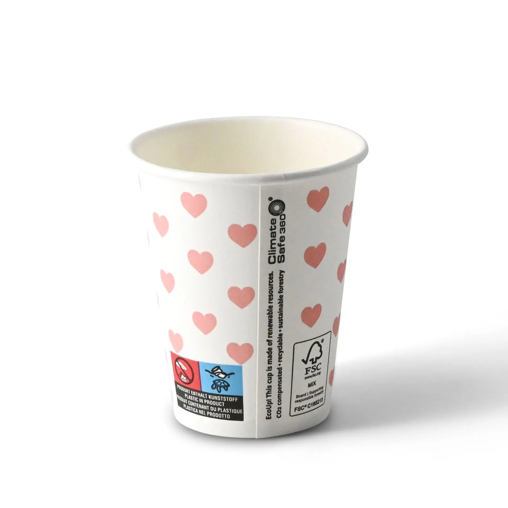 Papieren beker bedrukt "Hearts" (gecoat) 200 ml / 8 oz, Ø 80 mm, wit
