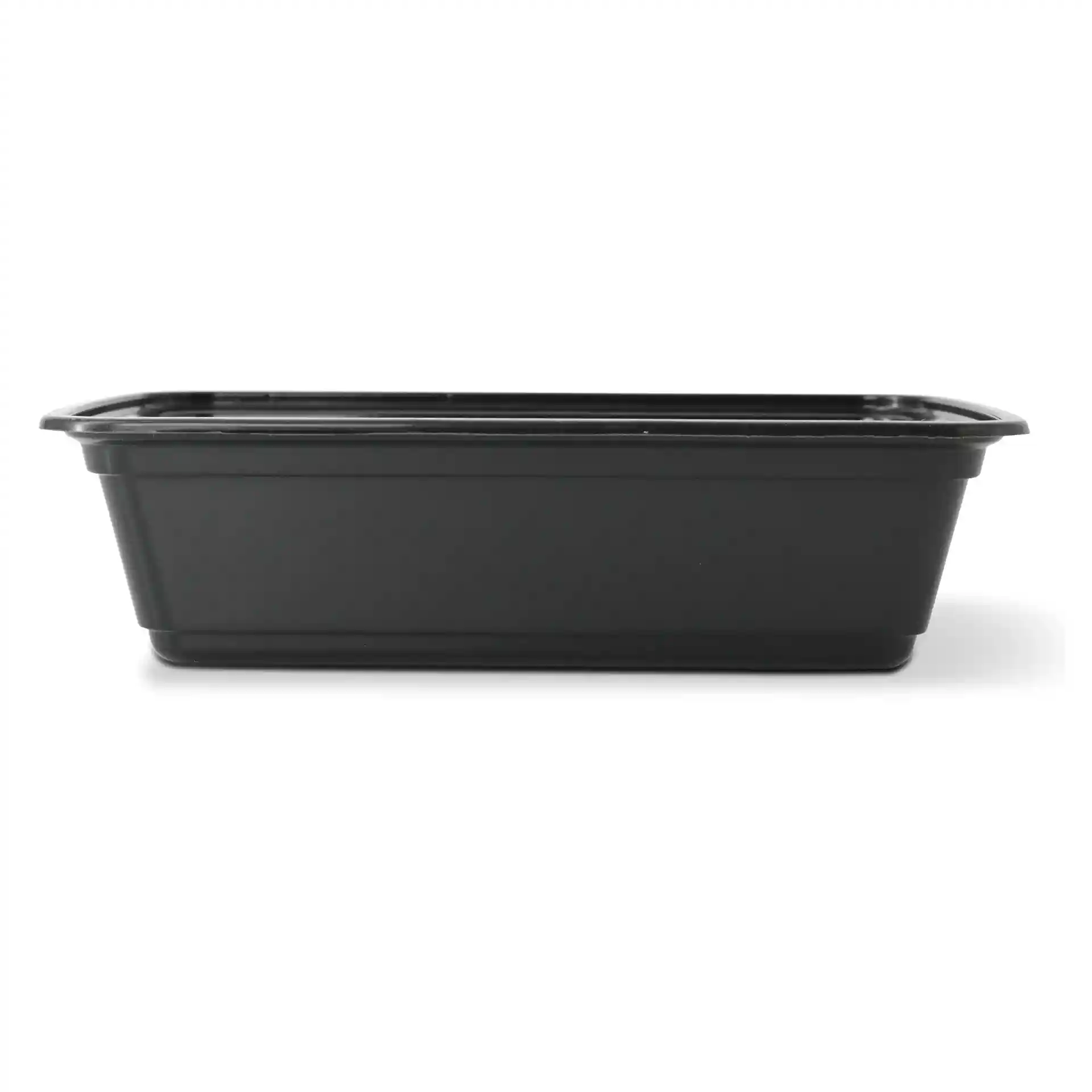 Zwarte rechthoekige herbruikbare container van PP, 185 mm lang, 124 mm breed en 44 mm hoog.
