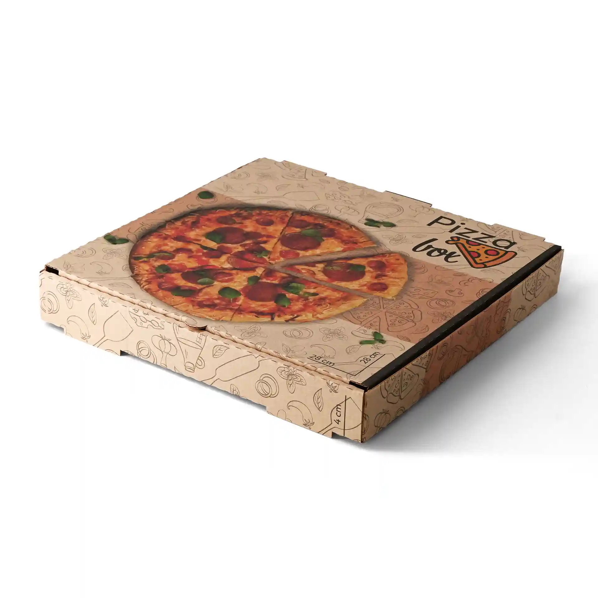 Bruine pizzadoos met een gedrukt pizzadesign bovenop, 28 x 28 x 4 cm groot.