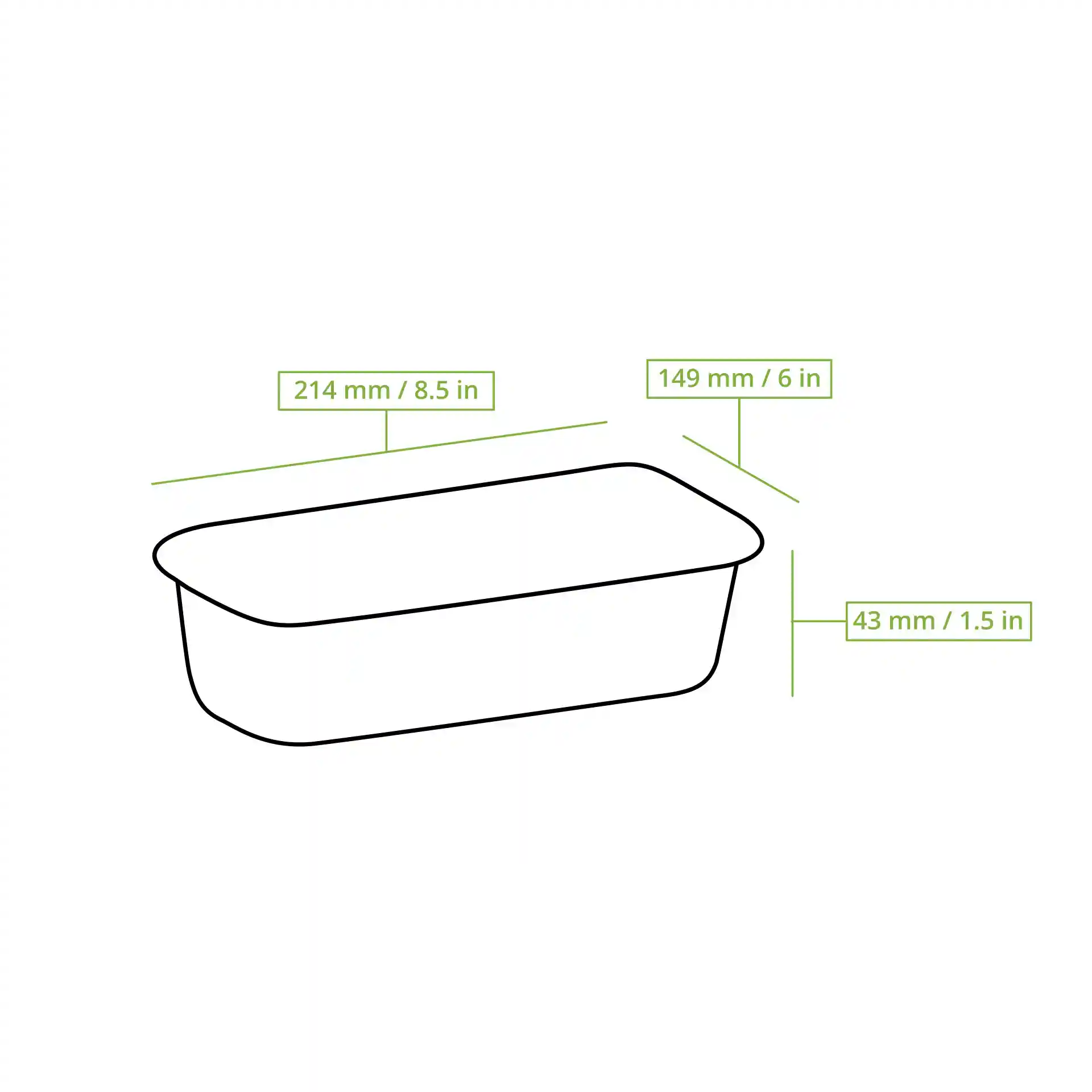 Schematische tekening van een rechthoekige aluminium container met afmetingen: 214 mm lengte, 149 mm breedte, 43 mm hoogte.