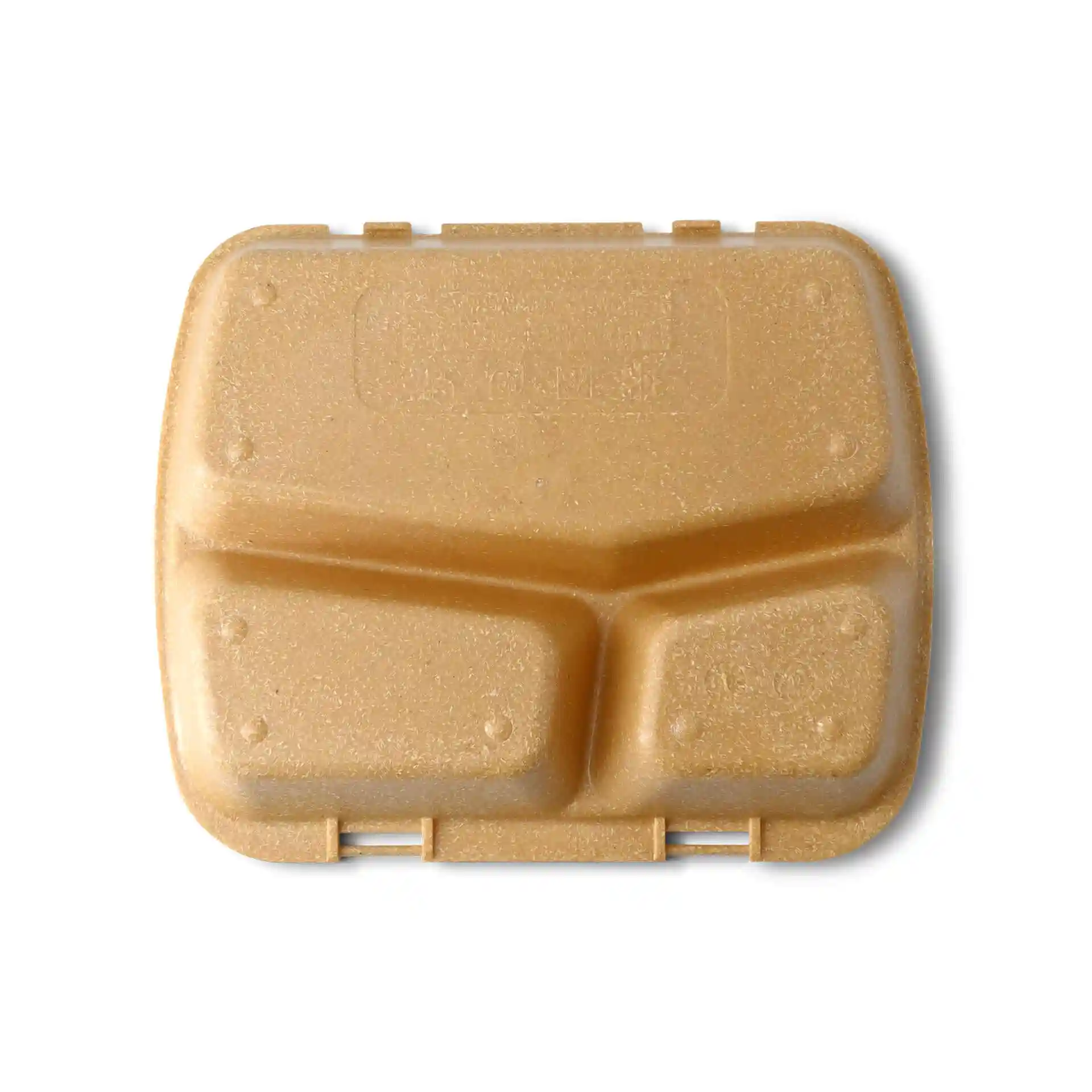 Bruine herbruikbare maaltijdcontainer met drie compartimenten, 24,5 x 20 x 4,5 cm groot.