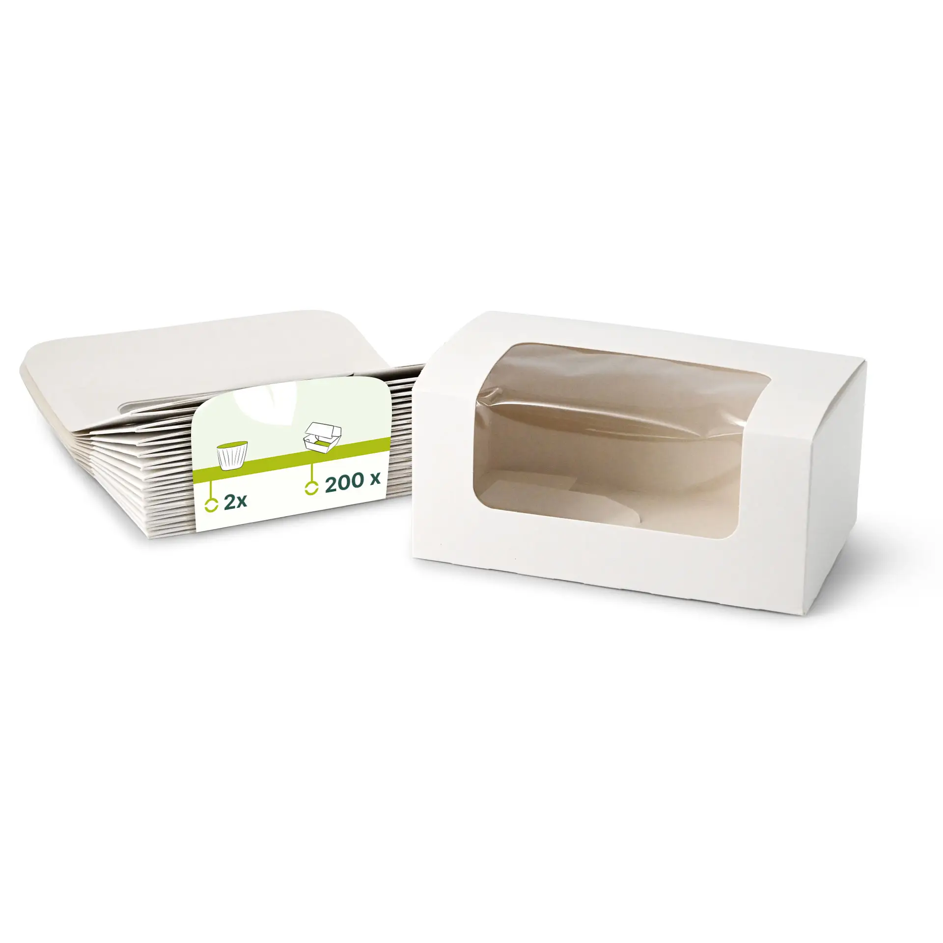 Witte twee-delige cupcake dozen met een cellulosevenster, geschikt voor muffins, brownies en kleine gebakjes.