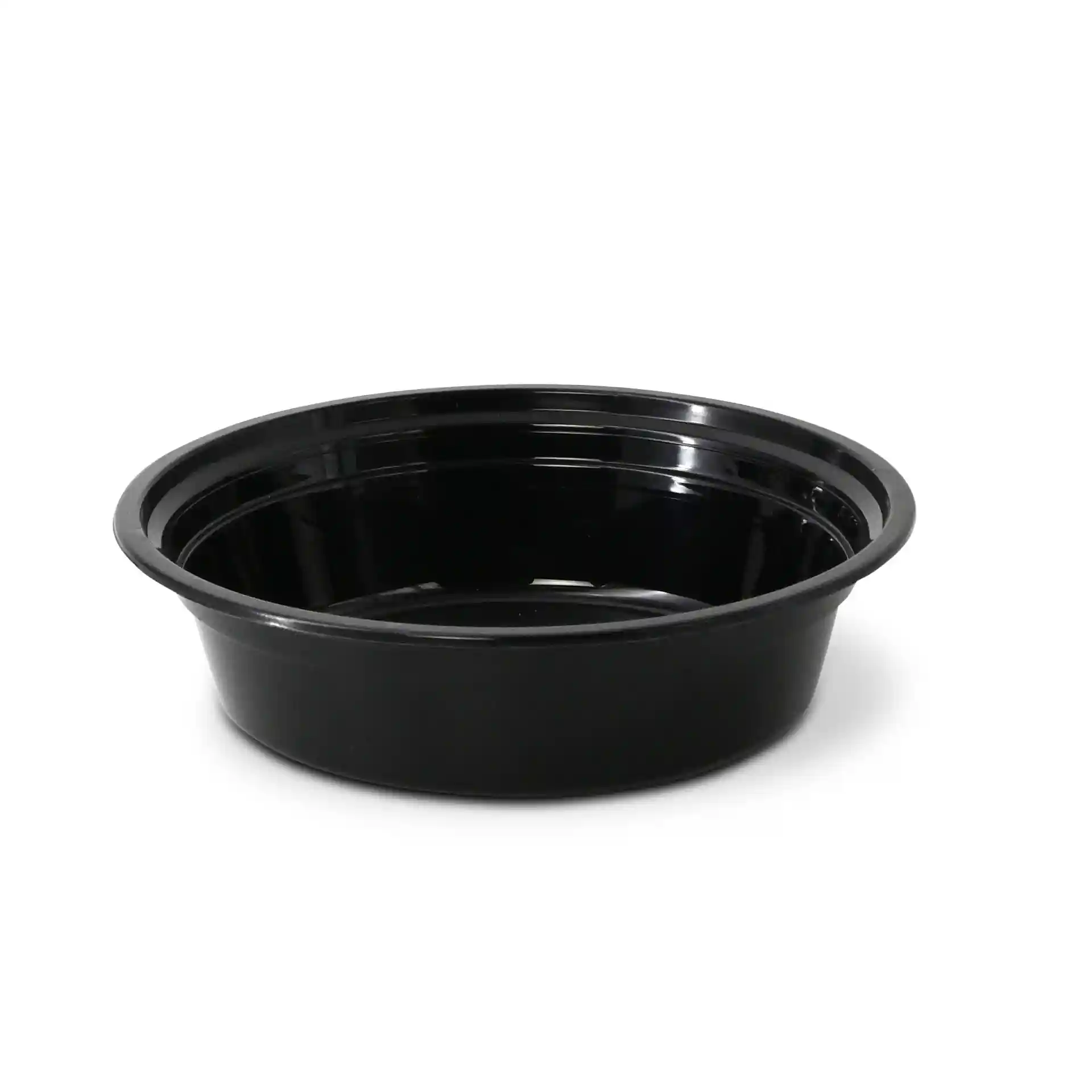 Ronde zwarte herbruikbare plaat van polypropyleen, 450 ml capaciteit, met een diameter van 158 mm.