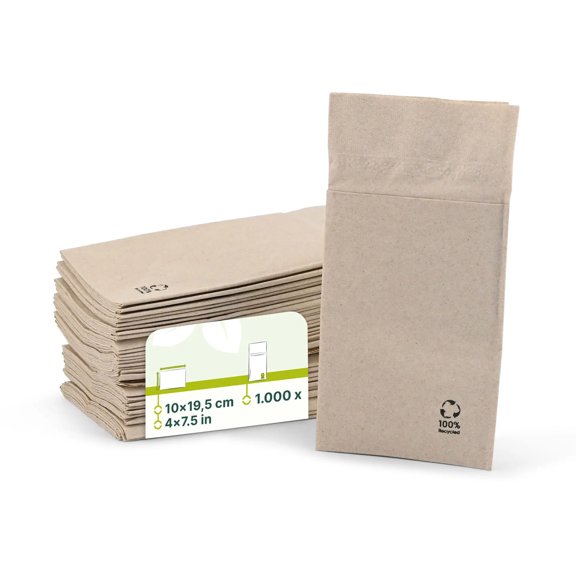 Bestek-servetten van gerecycled papier 10 x 19,5 cm, 2-laags, ongebleekt Bestek-servetten van gerecycled papier 10 x 19,5 cm, 2-laags, ongebleekt