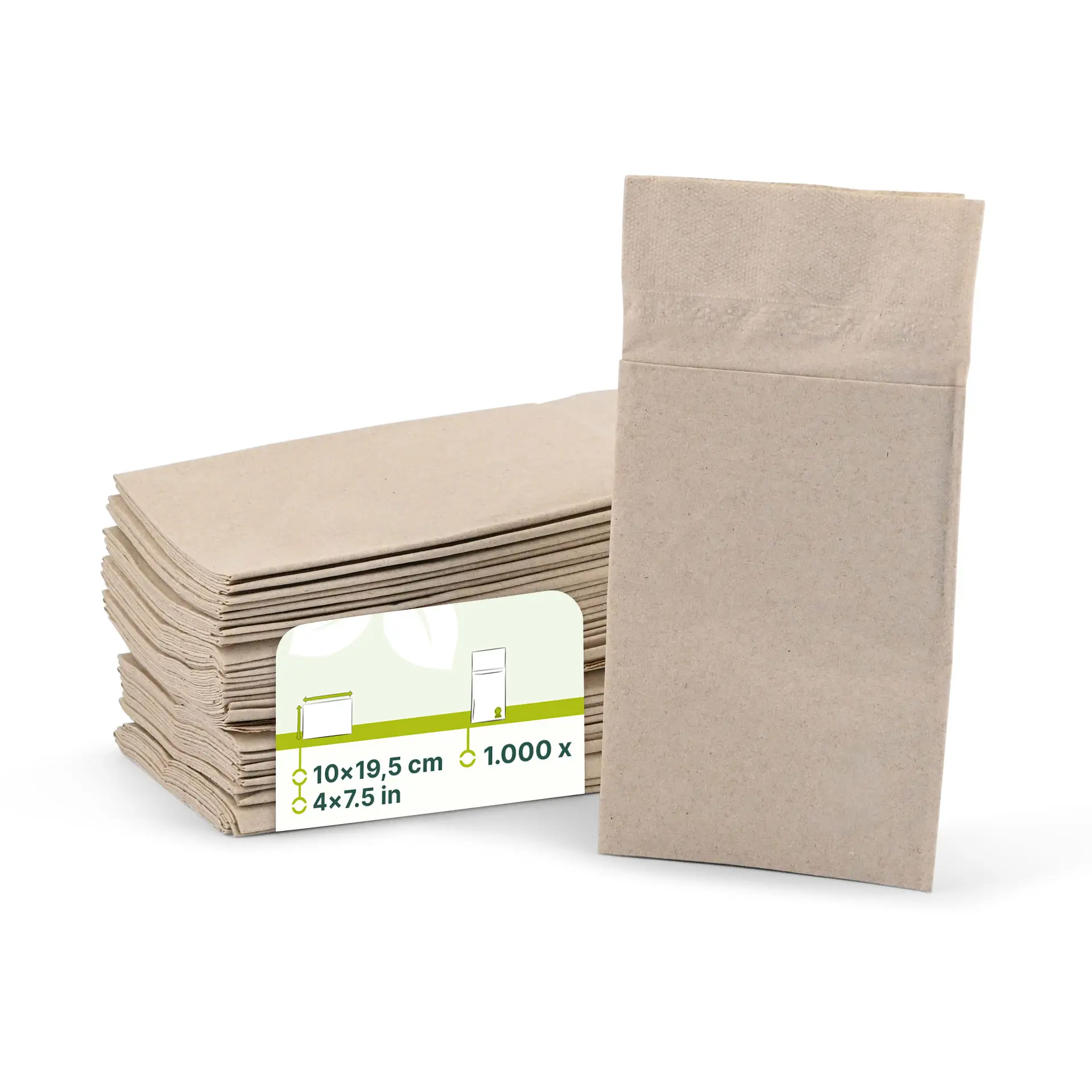 Stapeltje ongebleekte 2-laags gerecycleerde papieren bestekzakjes, met één zakje rechtop en een label met afmetingen.