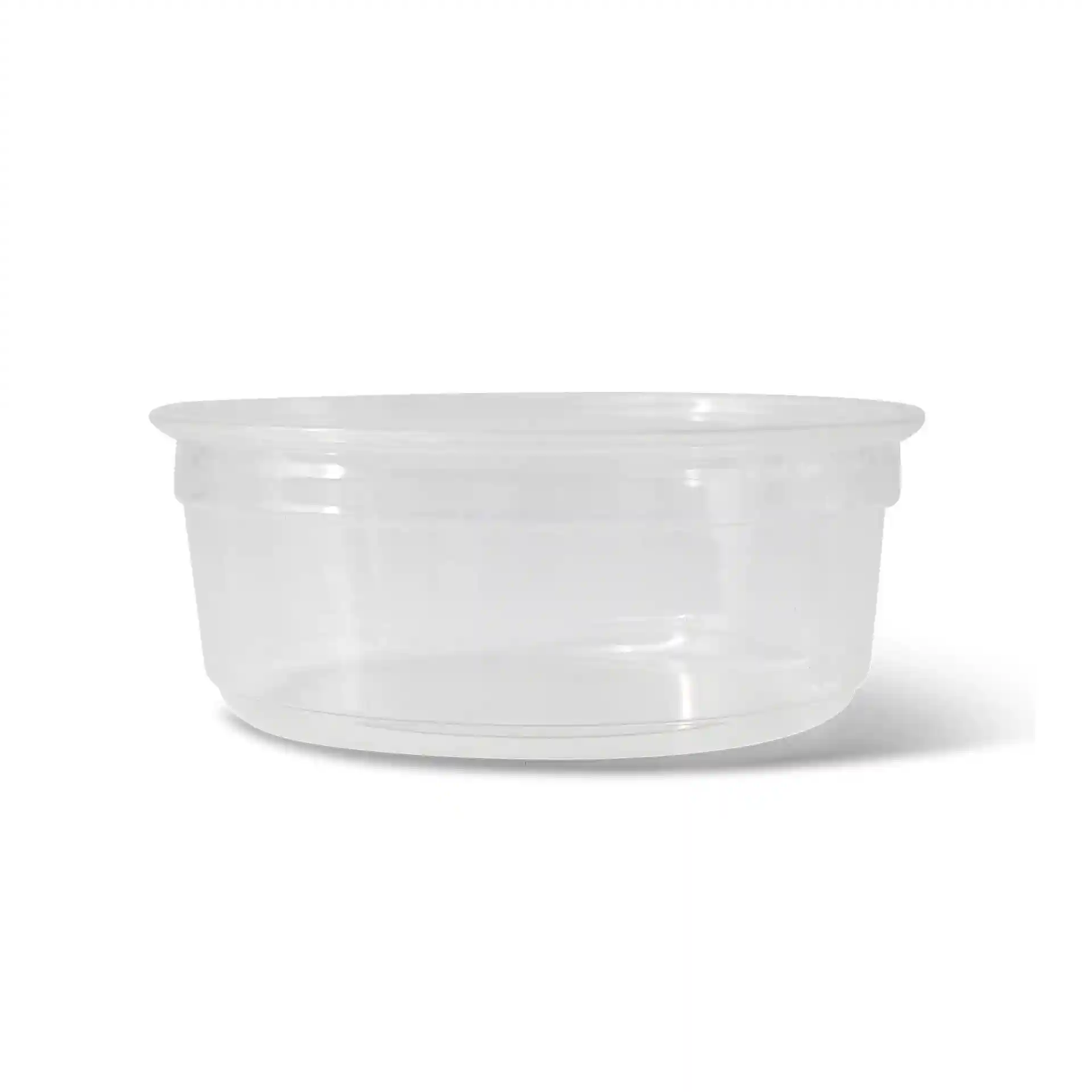 Transparante ronde deli-container met een diameter van 117 mm en een hoogte van 43 mm, inhoud van 250 ml.