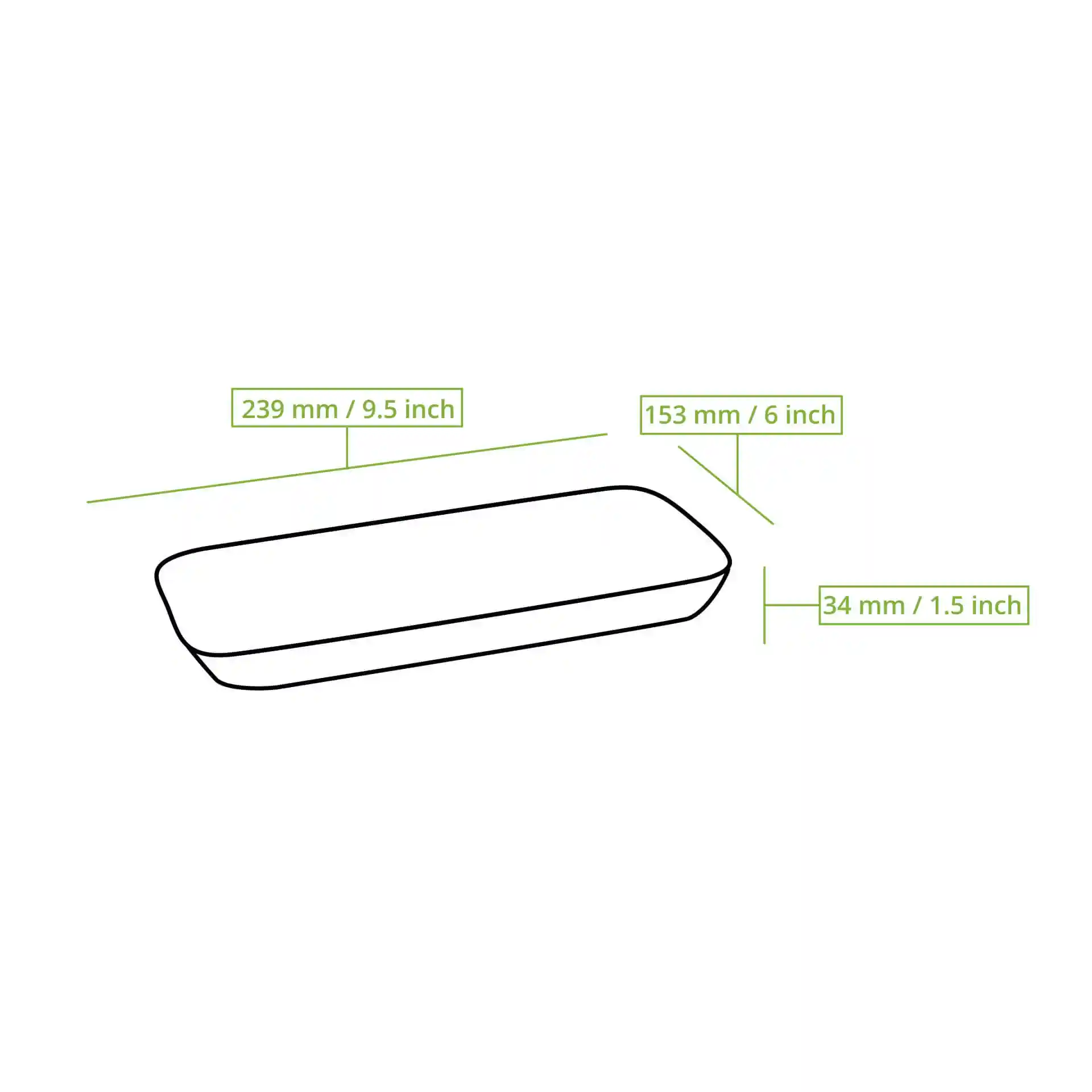 Schematische tekening van een diepe rechthoekige palmbladplaat met afmetingen van 239 mm bij 153 mm en een hoogte van 34 mm.