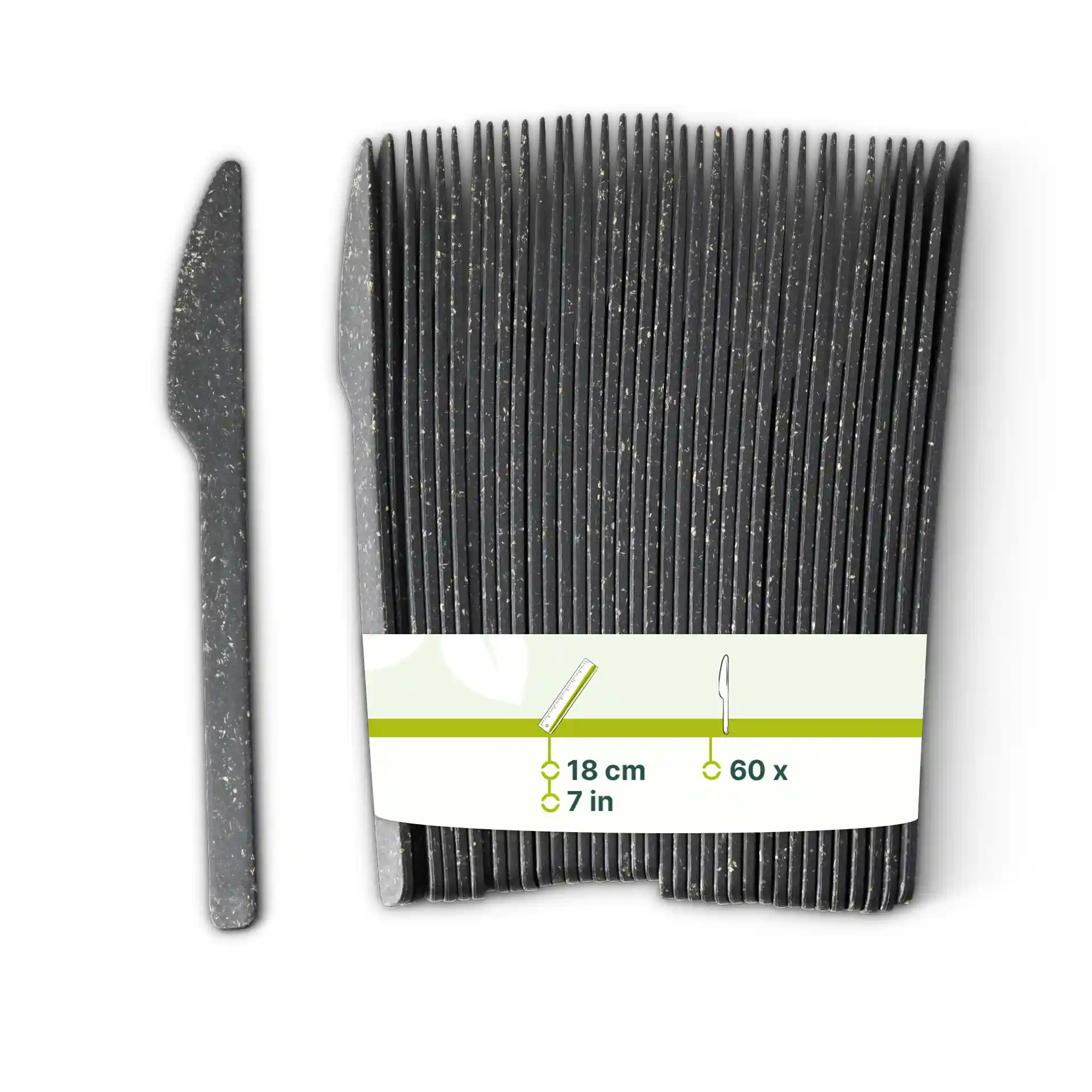 Zwart herbruikbaar mes van biocomposiet, 18 cm lang, met label voor afmetingen en hoeveelheid van 60.
