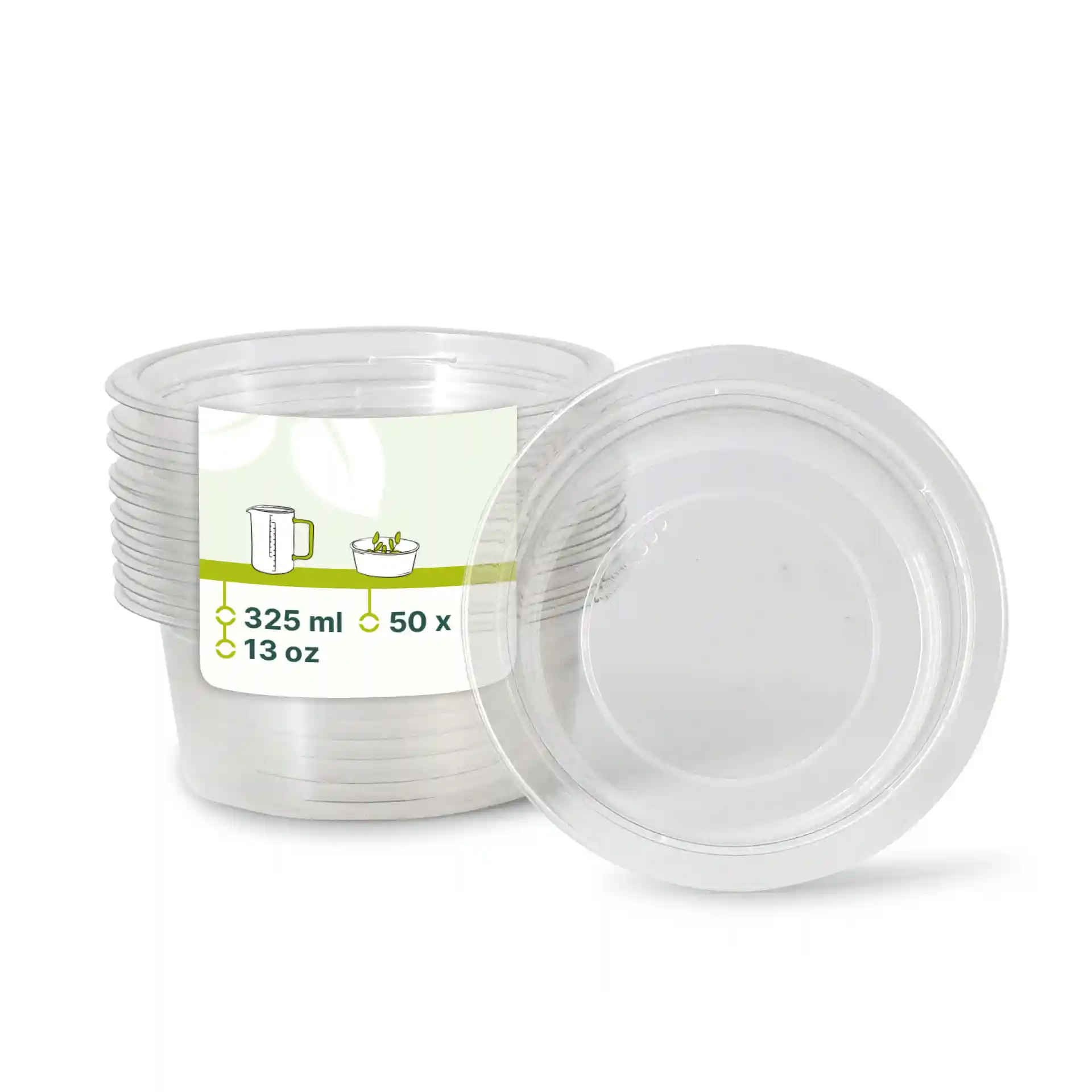Transparante rPET deli-bakken, 325 ml, 60 mm hoog en 123 mm in diameter, gestapeld in een groep.