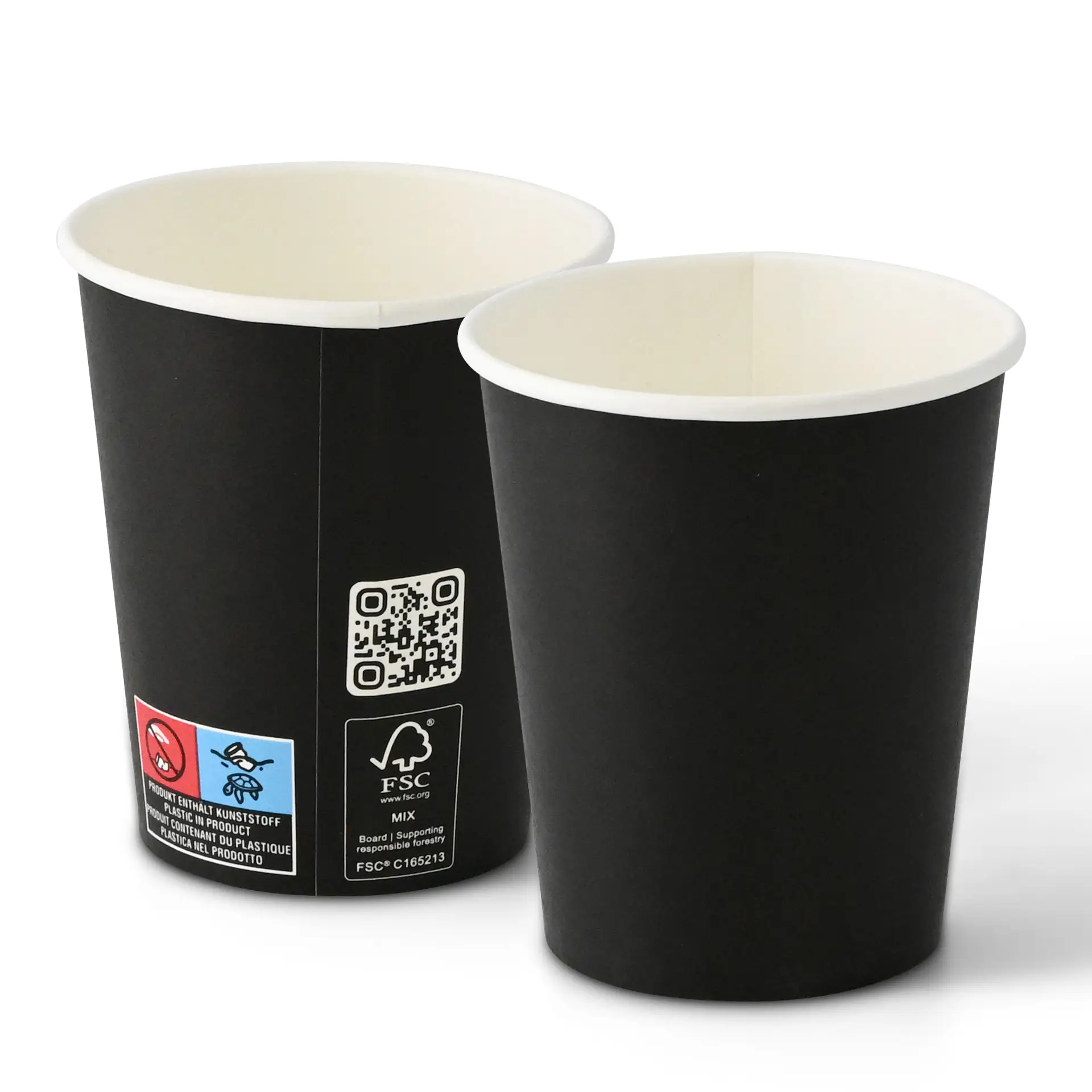 Zwarte papieren bekers met PLA-coating, enkele wand, 200 ml capaciteit, zijaanzicht met zichtbaar interieur.