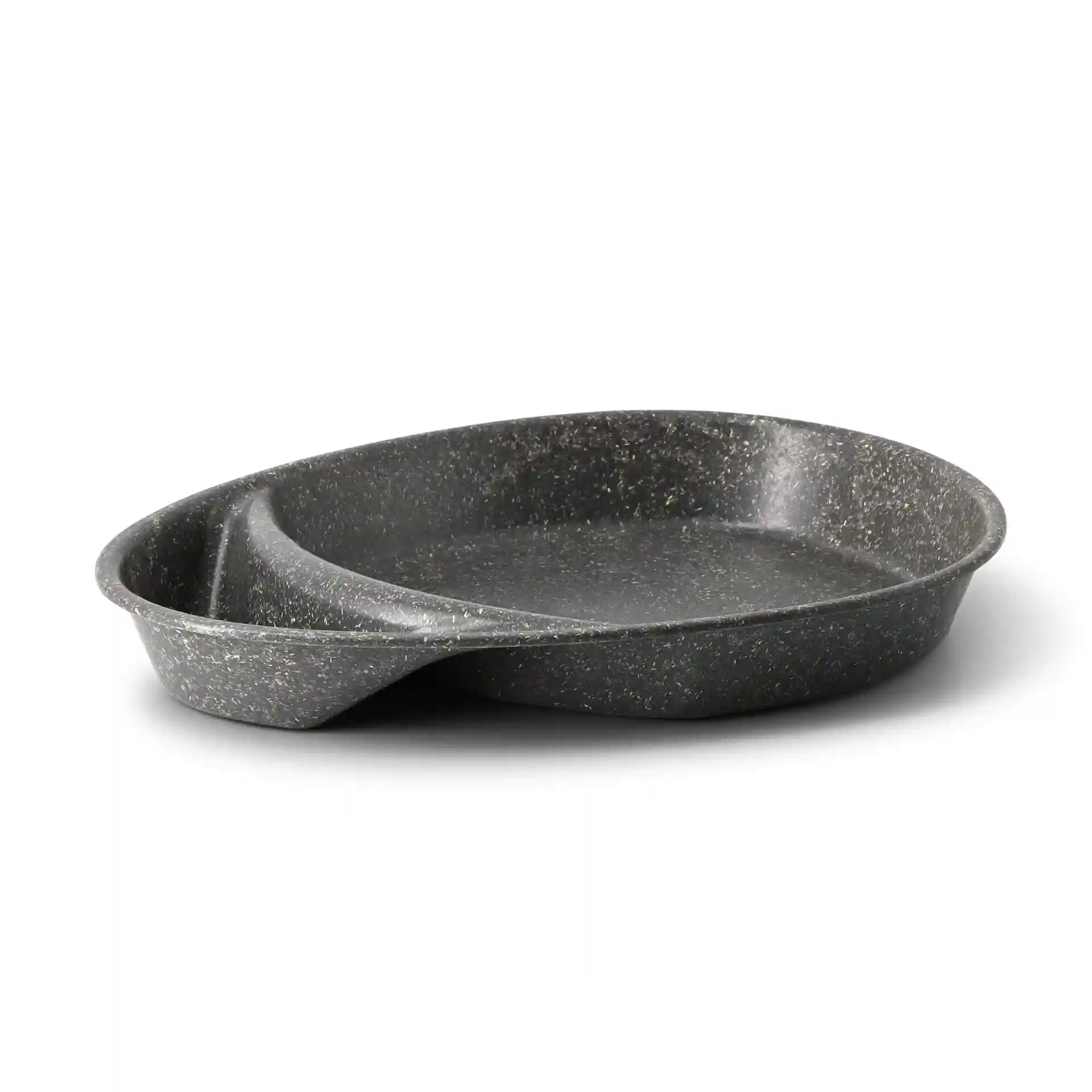 Herbruikbaar verdeeld bord in grijs met twee compartimenten, druppelvorm, 27,5 × 20 × 3,5 cm groot.