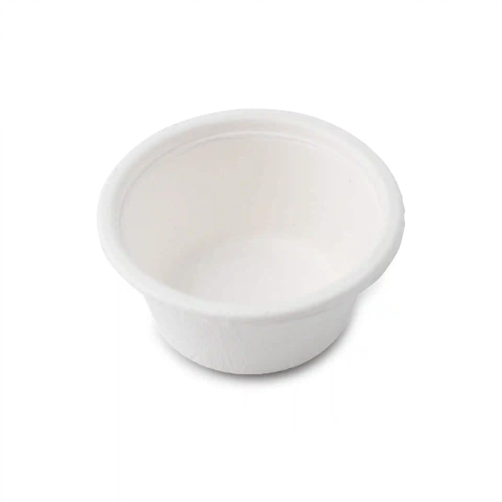 Witte ronde bagasse beker met een diameter van 62 mm en een hoogte van 30 mm, geschikt voor 50 ml.