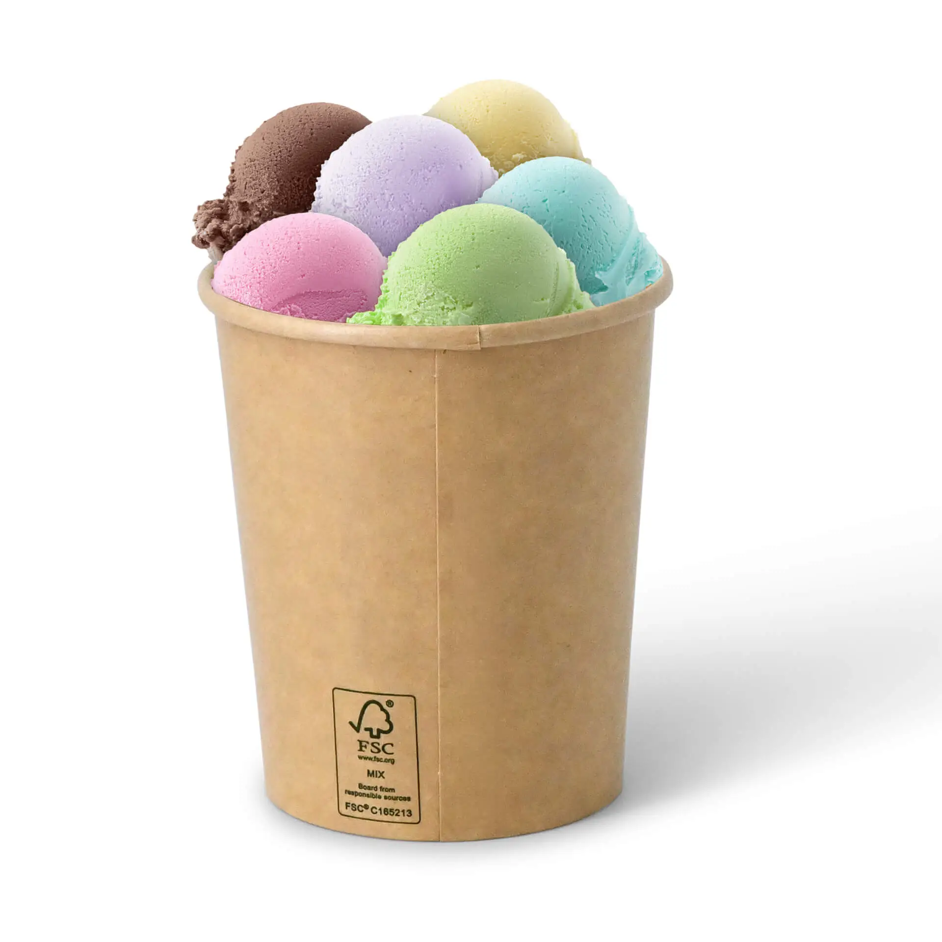 Bruine papieren beker gevuld met verschillende gekleurde ijsbollen in geel, groen, paars, roze en bruin.
