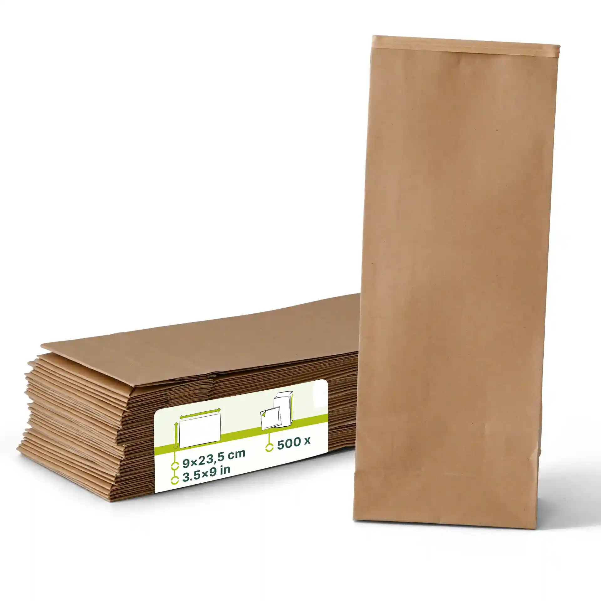 Bruine kraftpapier blokbodemzakken met een tinne sluiting, 9 x 5 x 23,5 cm, gestapeld met één zak rechtop.